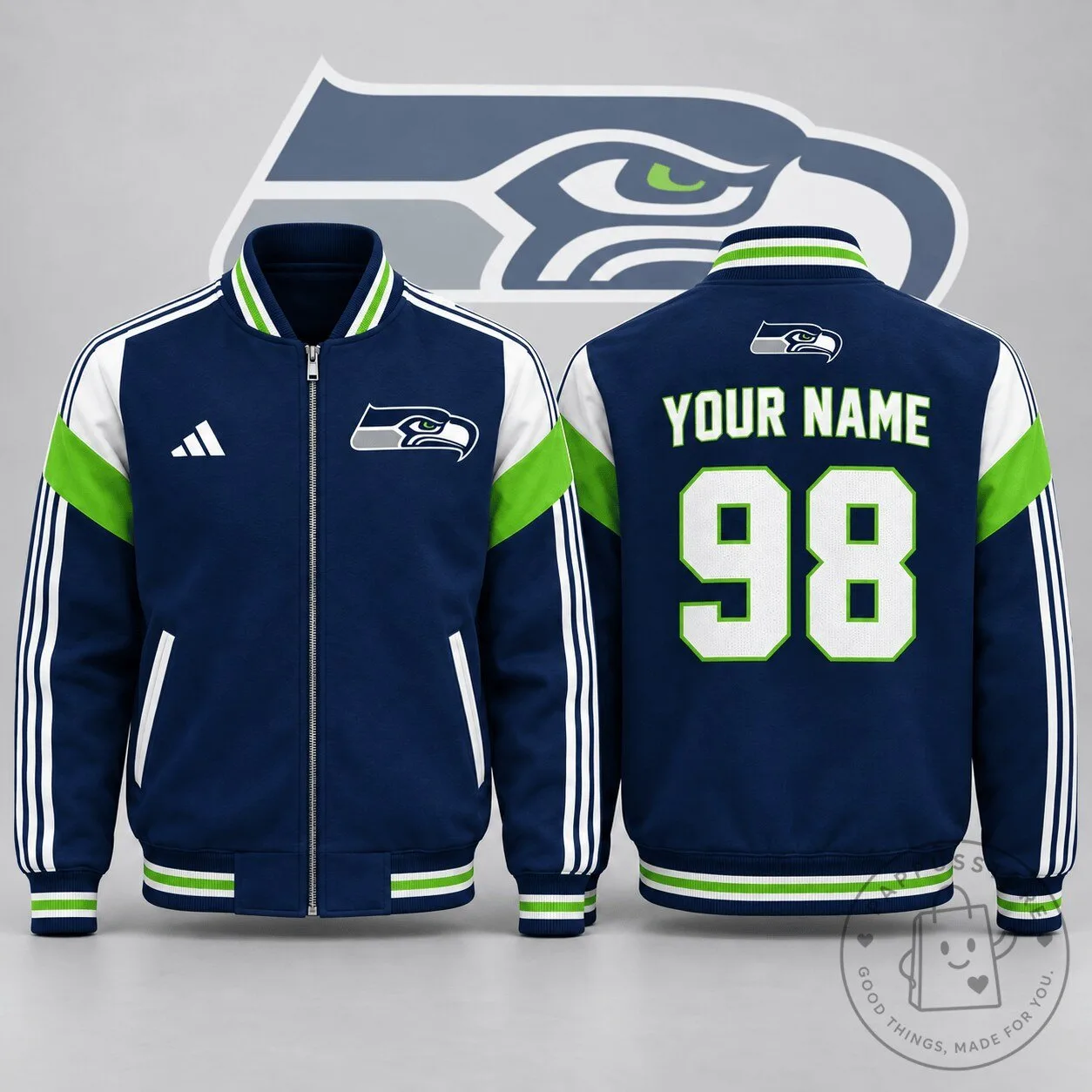 Seattle Seahawks National Football League Team Logo Custom Name Number Full Zip Jacket