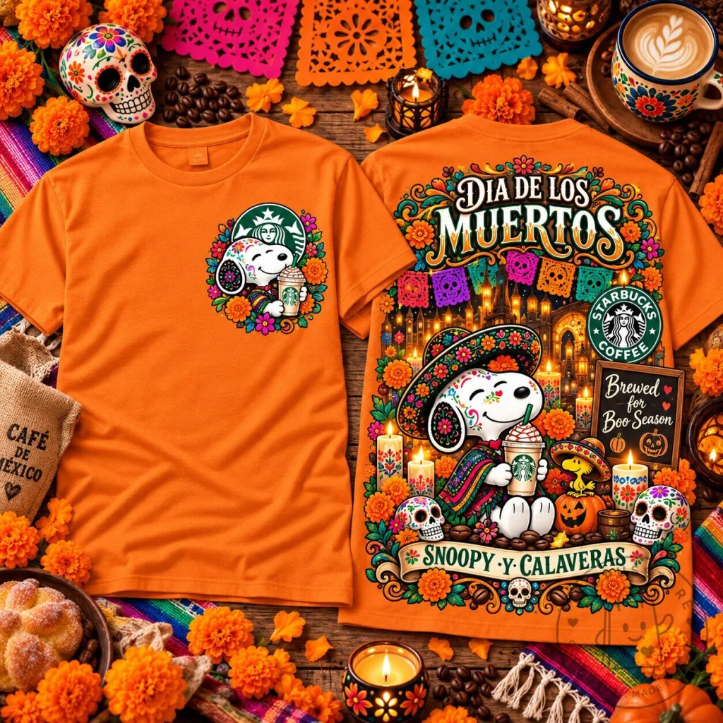 Snoopy Starbucks Dia De Los Muertos Sugar Skull Coffee Halloween T-Shirt Snoopy Starbucks Dia De Los Muertos Sugar Skull Coffee Halloween T-Shirt