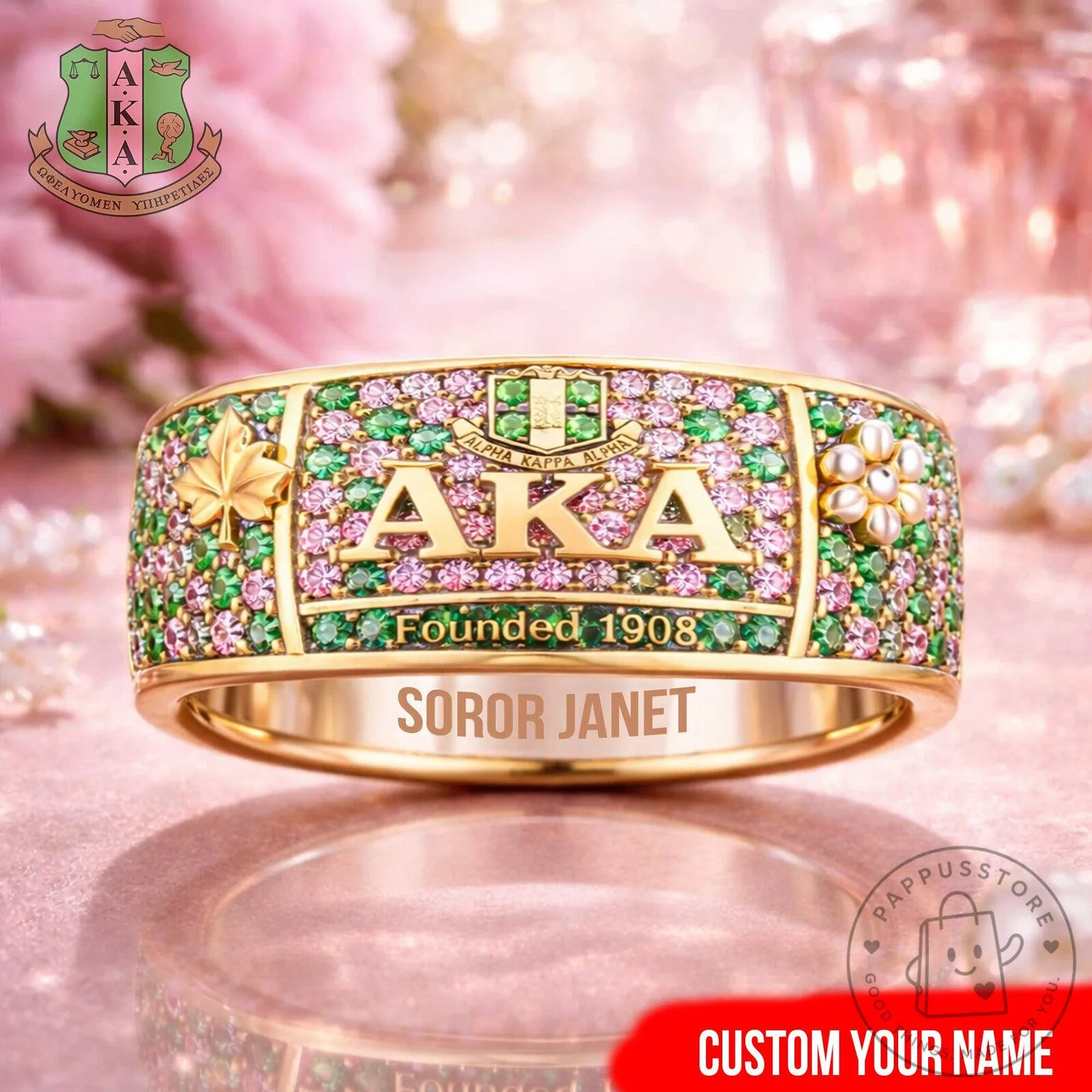 Alpha Kappa Alpha Sorority Founded 1908 Personalized Gold Ring