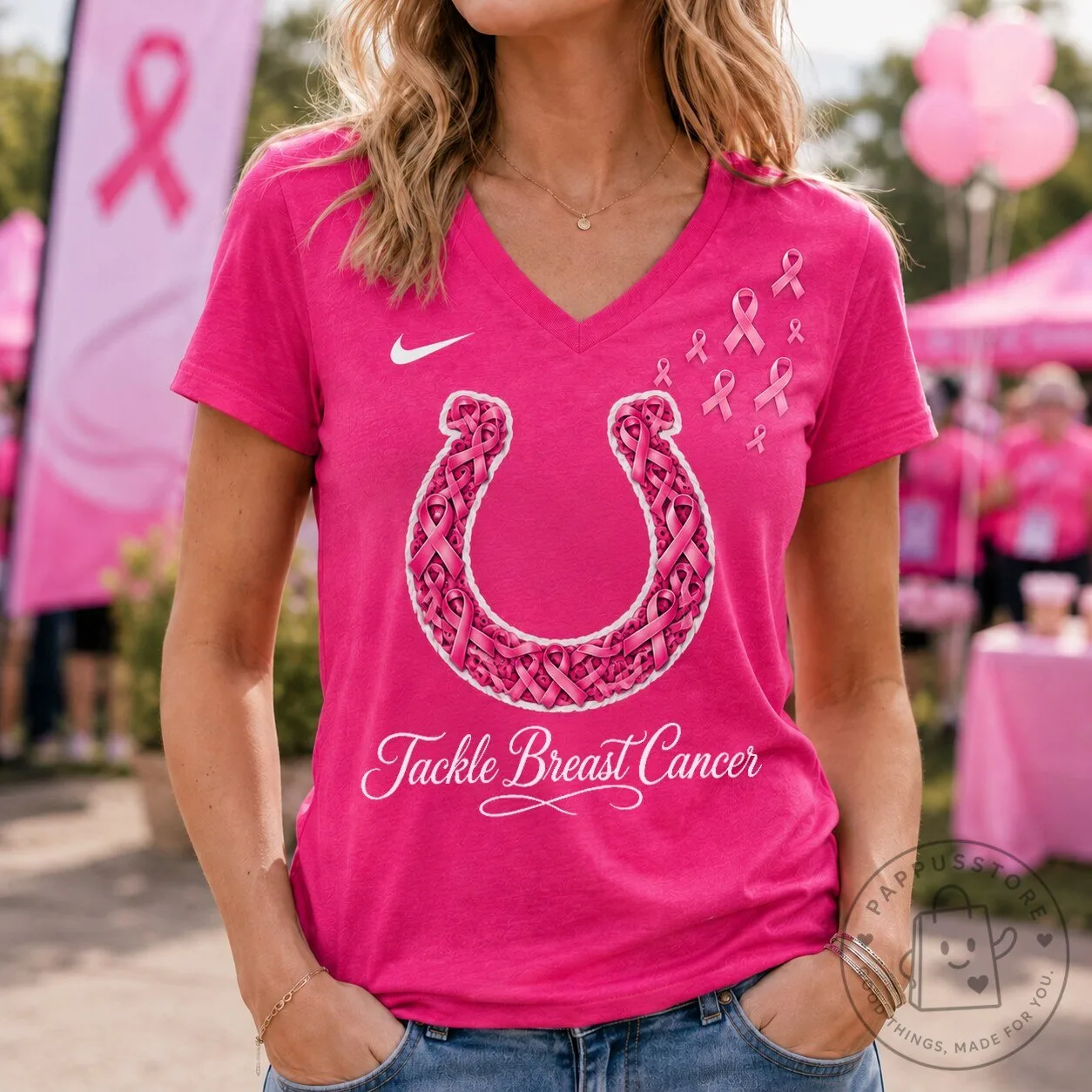 Indianapolis Colts Tackle Breast Cancer Pink Ribbon Horseshoe V-Neck T-Shirt