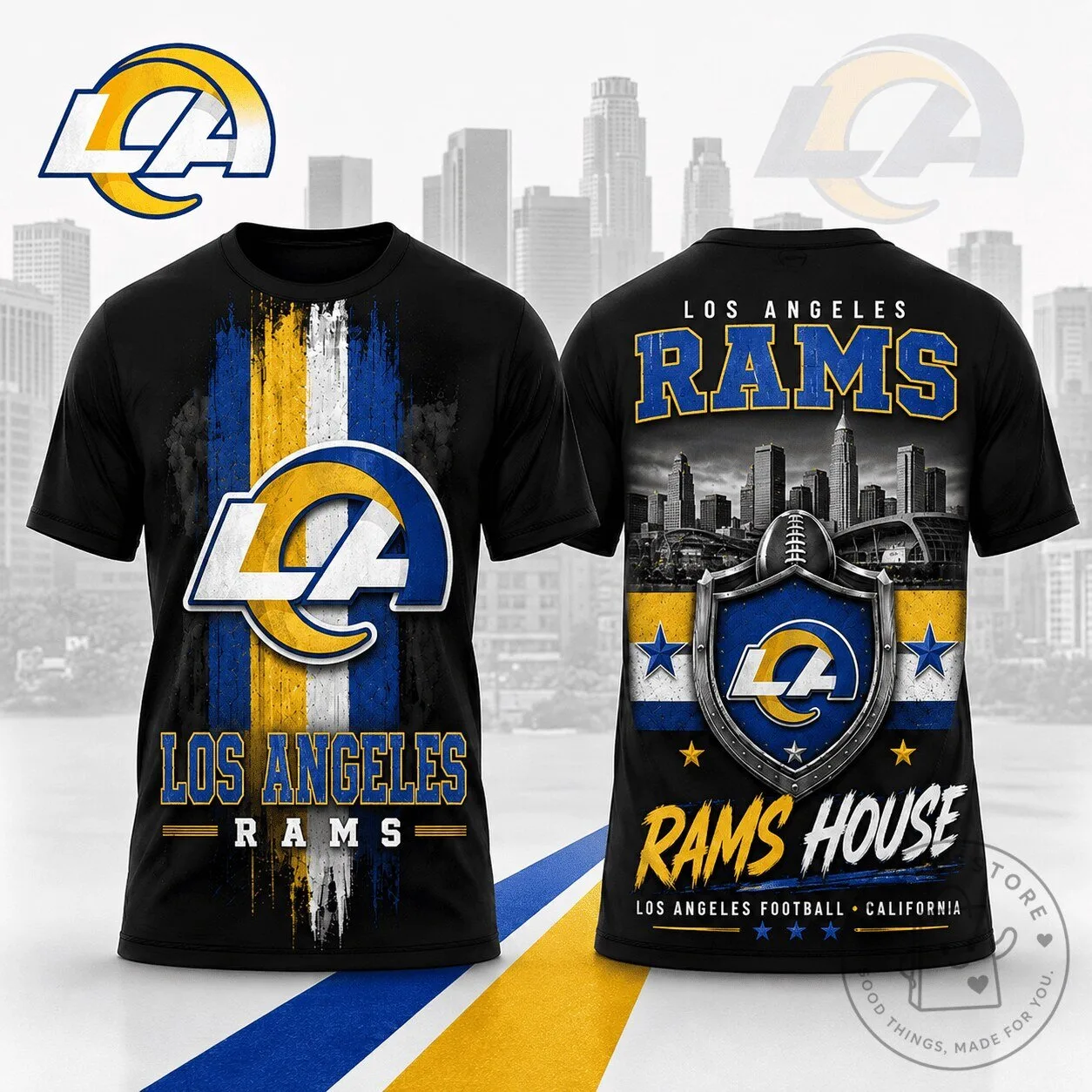 Los Angeles Rams Football Team Spirit Black Distressed Graphic T-Shirt