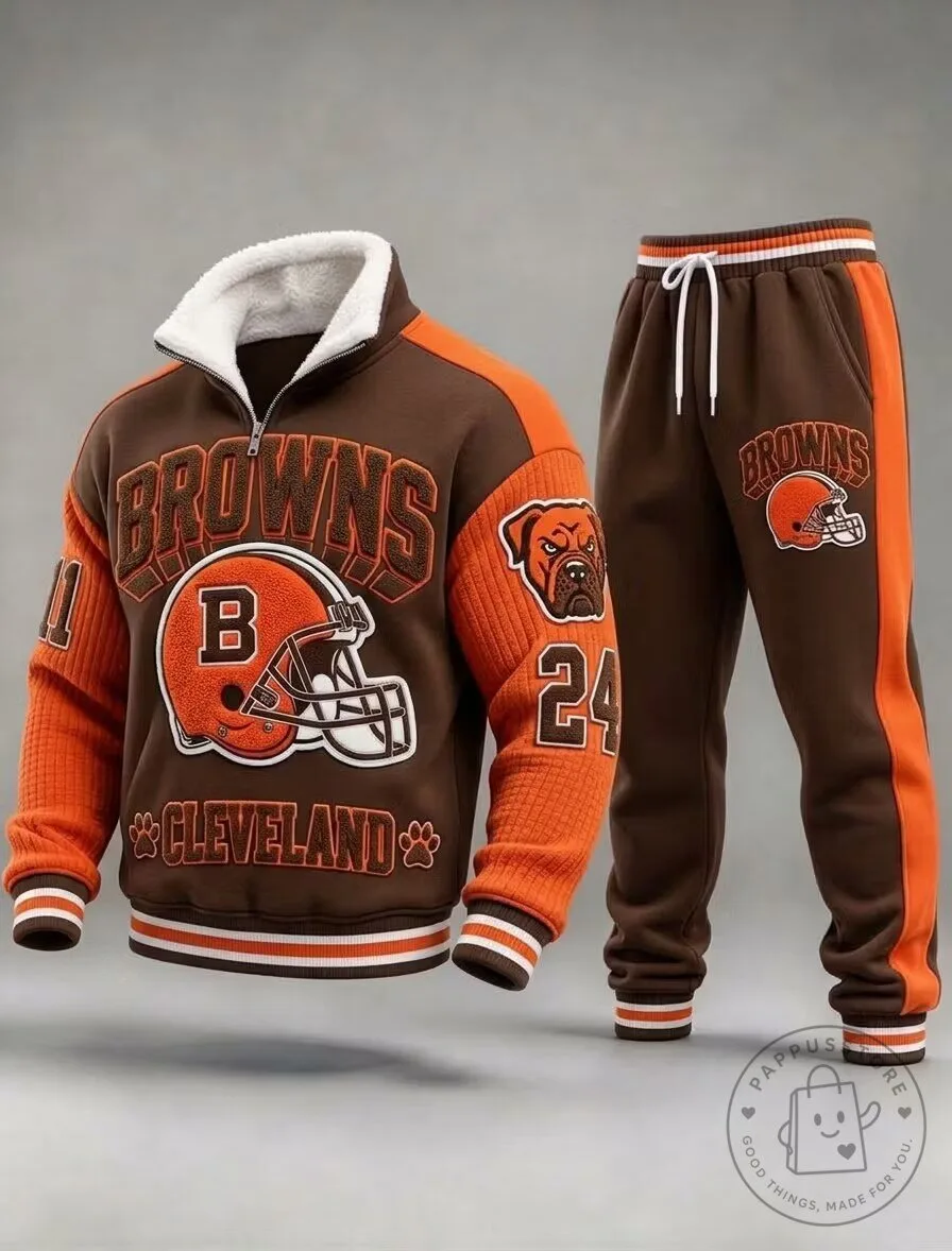 Cleveland Browns Football Team Brown and Orange Half-Zip Sweatshirt and Sweatpants Set