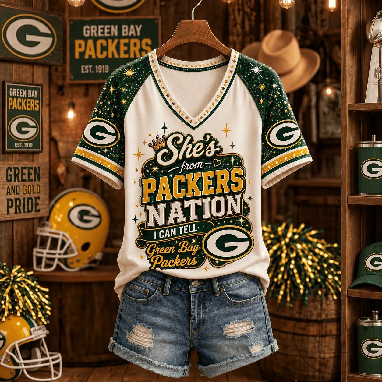 Green Bay Packers NFL Fan Gift She's From Packers Nation V-Neck T-Shirt