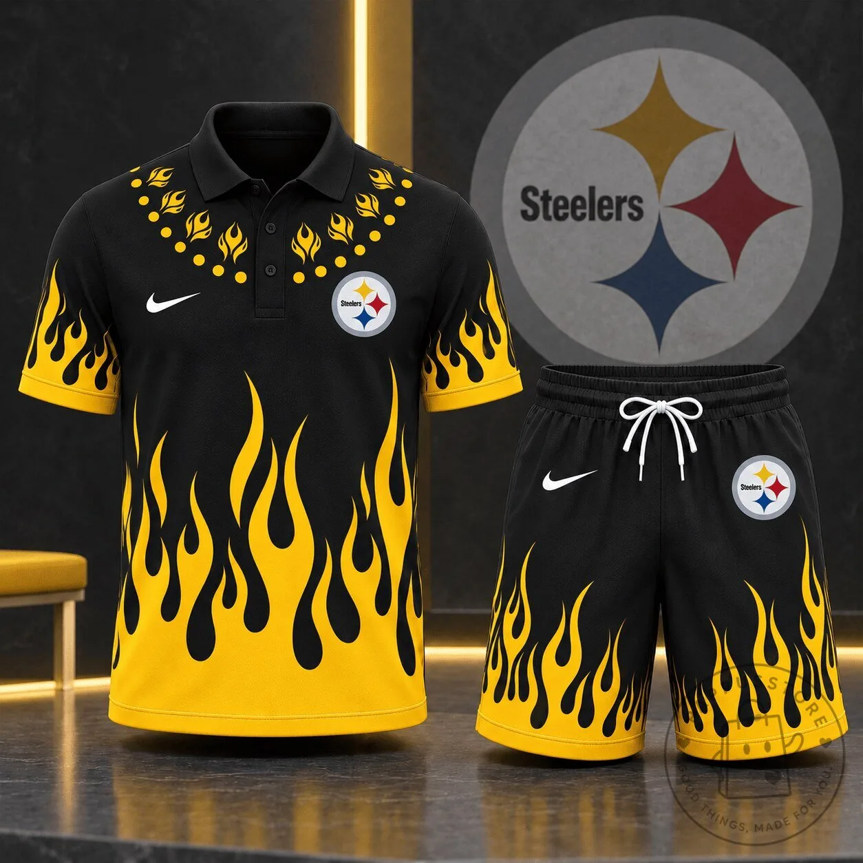 Pittsburgh Steelers Flame Graphic Polo Shirt and Shorts Set