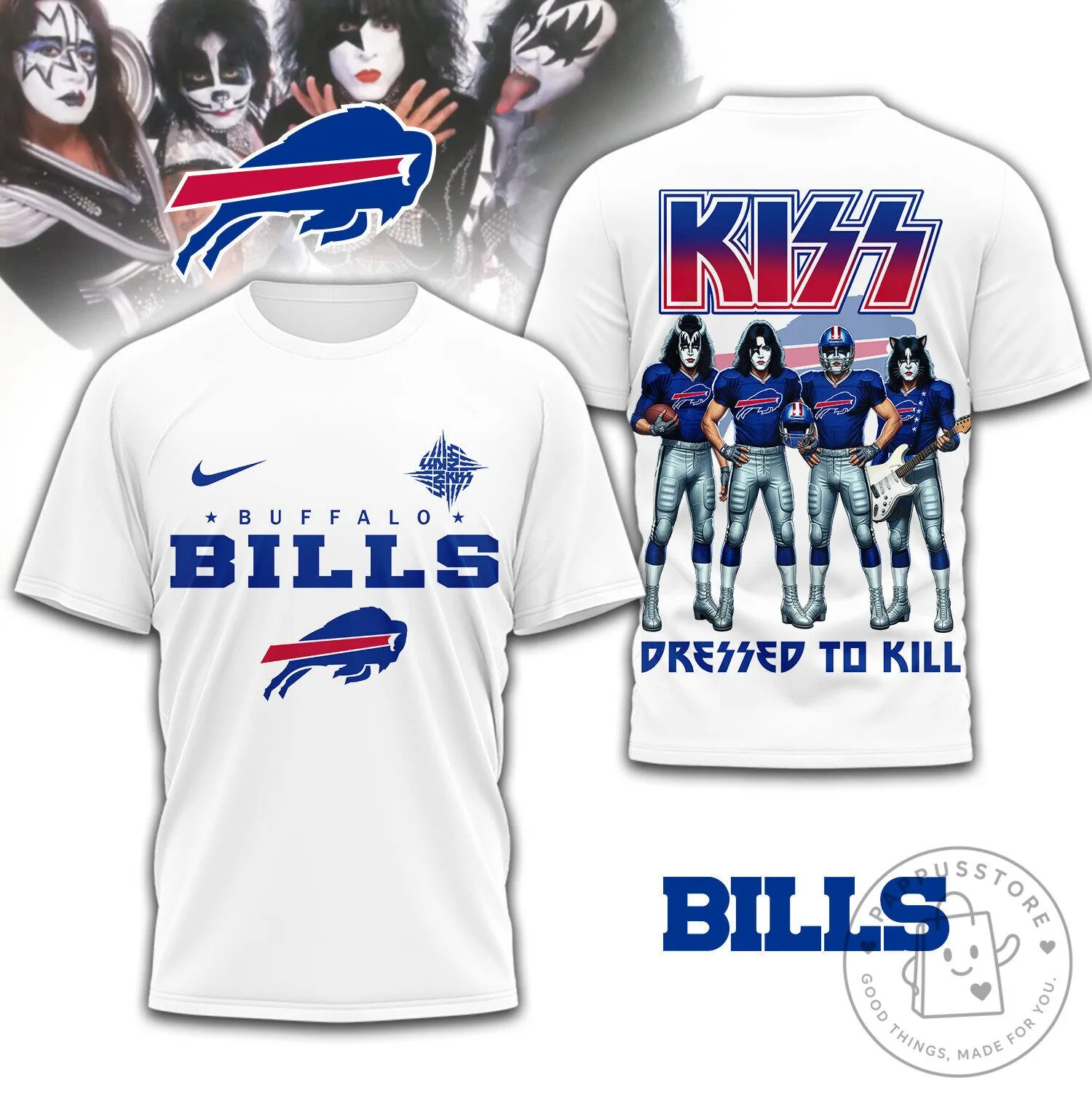 Buffalo Bills and Kiss Band Dressed to Kill Album Cover White T-Shirt