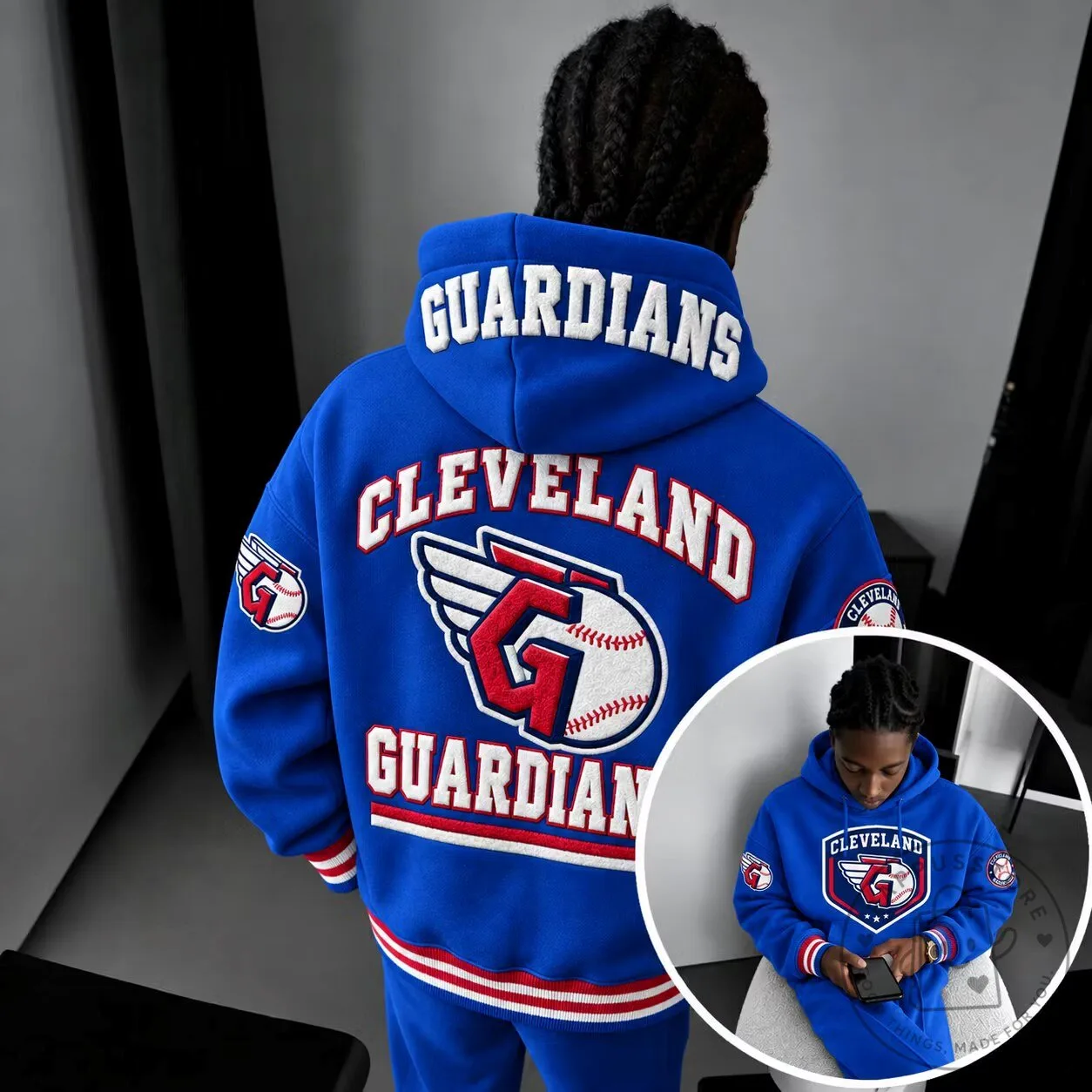 Cleveland Guardians Baseball Team Logo Blue Hoodie with Embroidered Lettering
