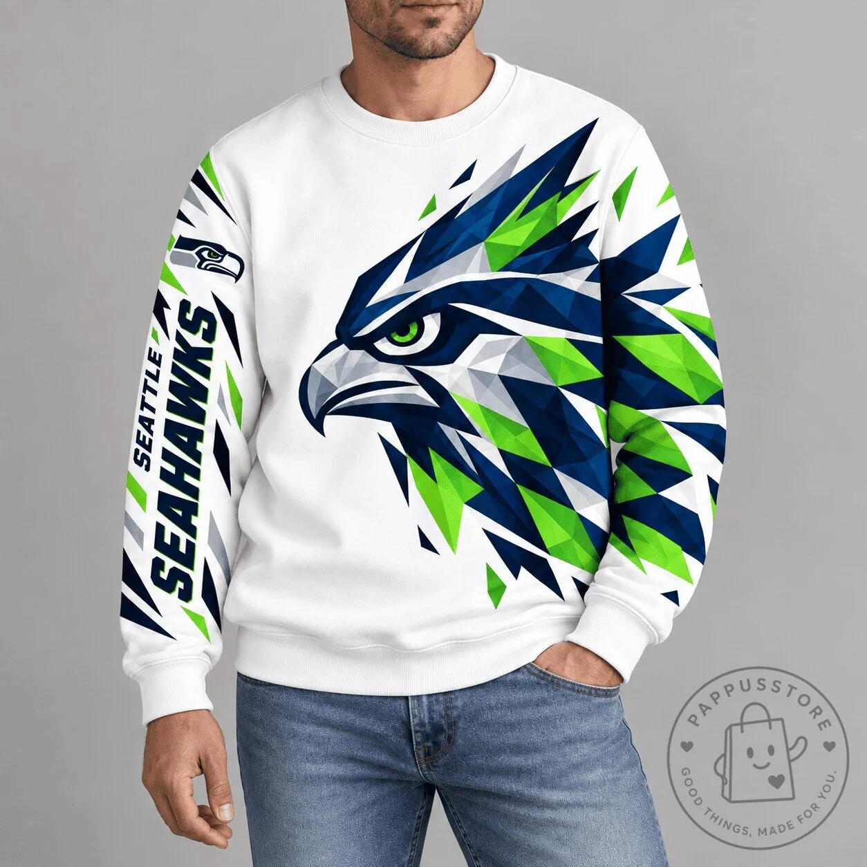 Seattle Seahawks Football Team Polygonal Mascot Design White Sweatshirt
