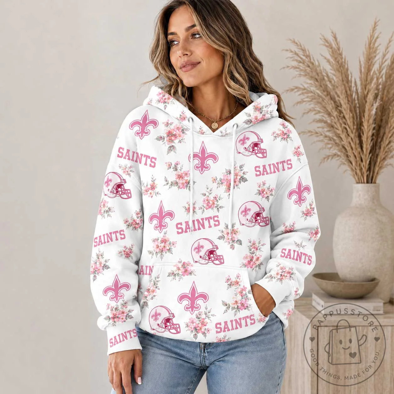 New Orleans Saints Pink Floral Pattern Football Team Hoodie for Women