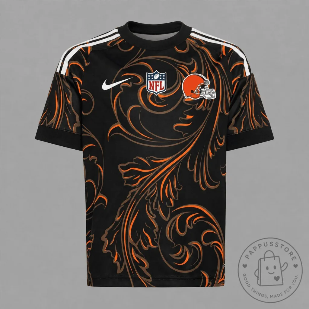 Cleveland Browns Football Team Black and Orange Floral Swirl Pattern T-Shirt Cleveland Browns Football Team Black and Orange Floral Swirl Pattern T-Shirt