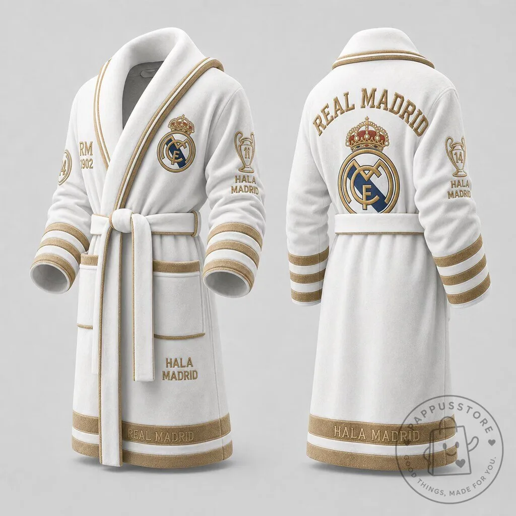 Real Madrid Football Club White and Gold Crest Logo Plush Bathrobe