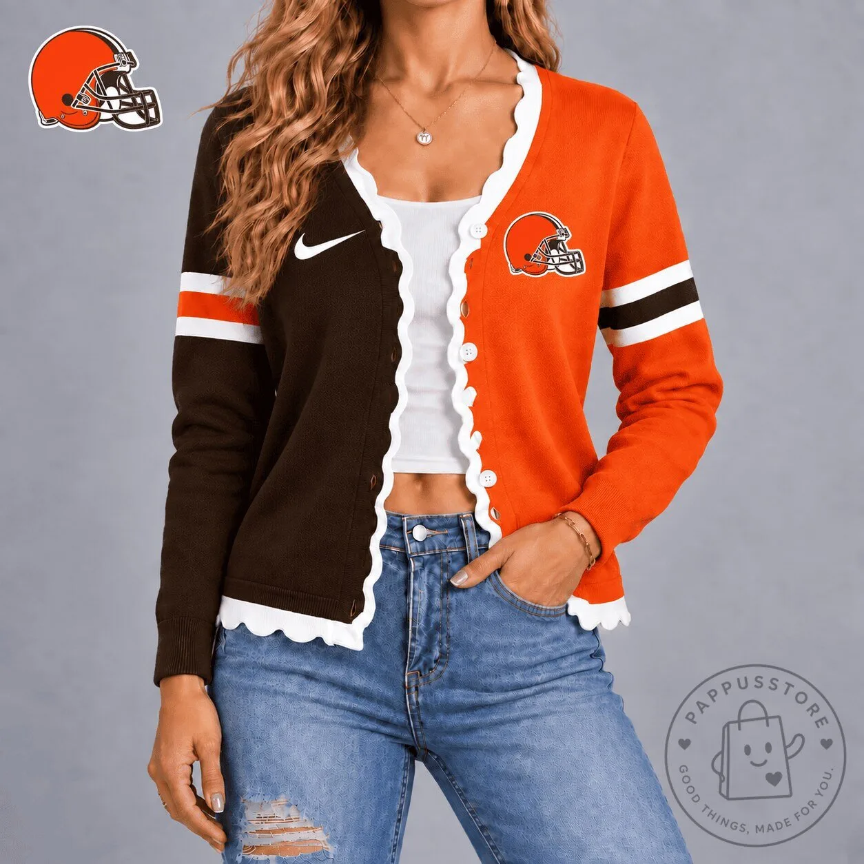 Cleveland Browns NFL Football Team Orange and Brown Scalloped Cardigan Sweater