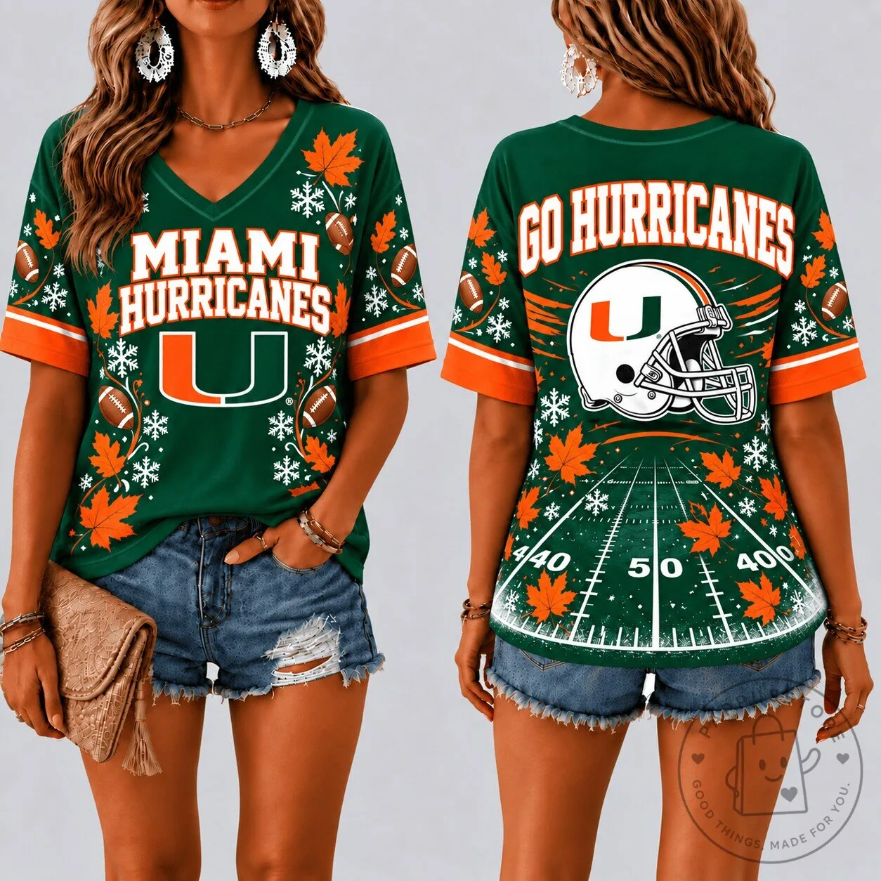 Miami Hurricanes Football Team Fall Season V-Neck T-Shirt 1 Miami Hurricanes Football Team Fall Season V-Neck T-Shirt