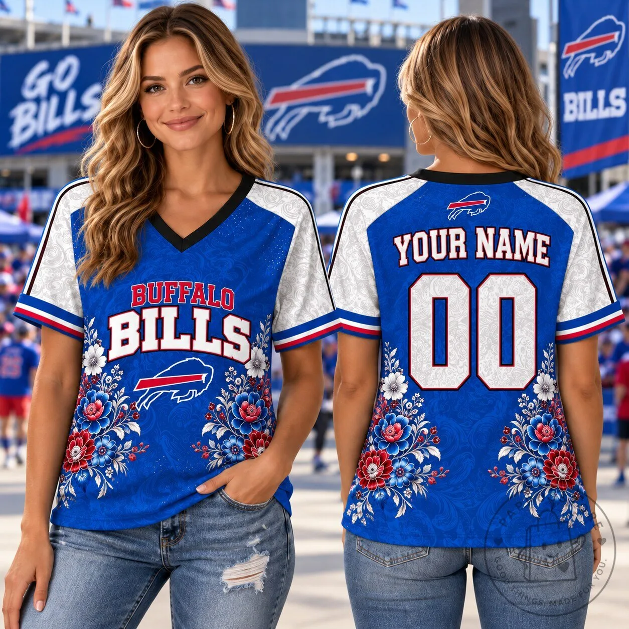 Buffalo Bills Shirt Personalized Floral V-Neck T-Shirt for Women