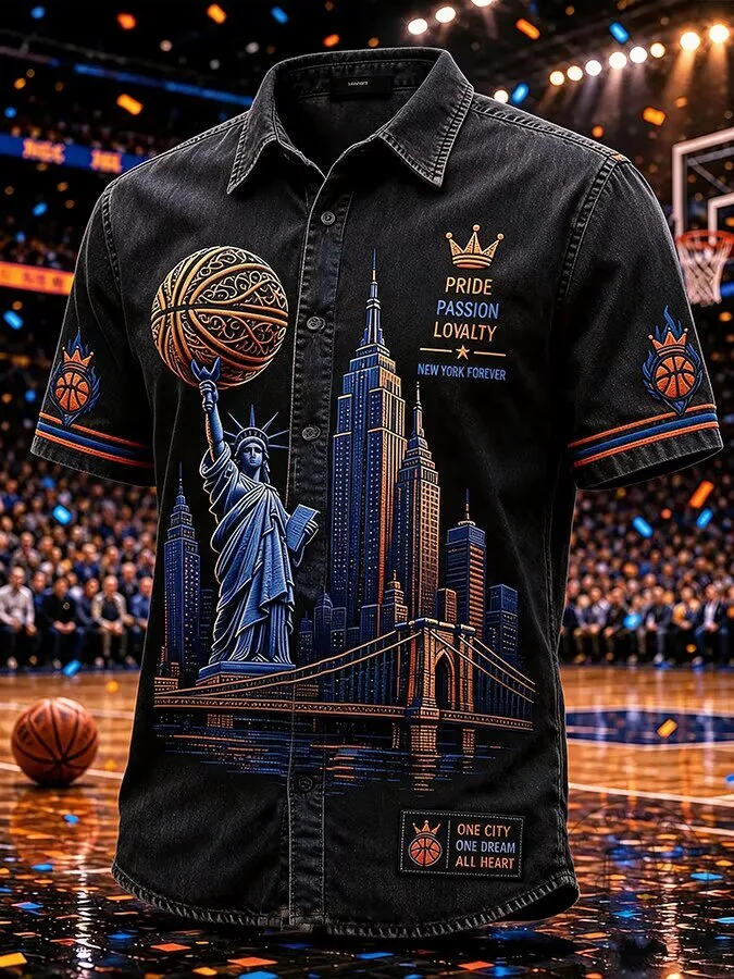 New York City Basketball Fan Shirt with Statue of Liberty and Brooklyn Bridge Print