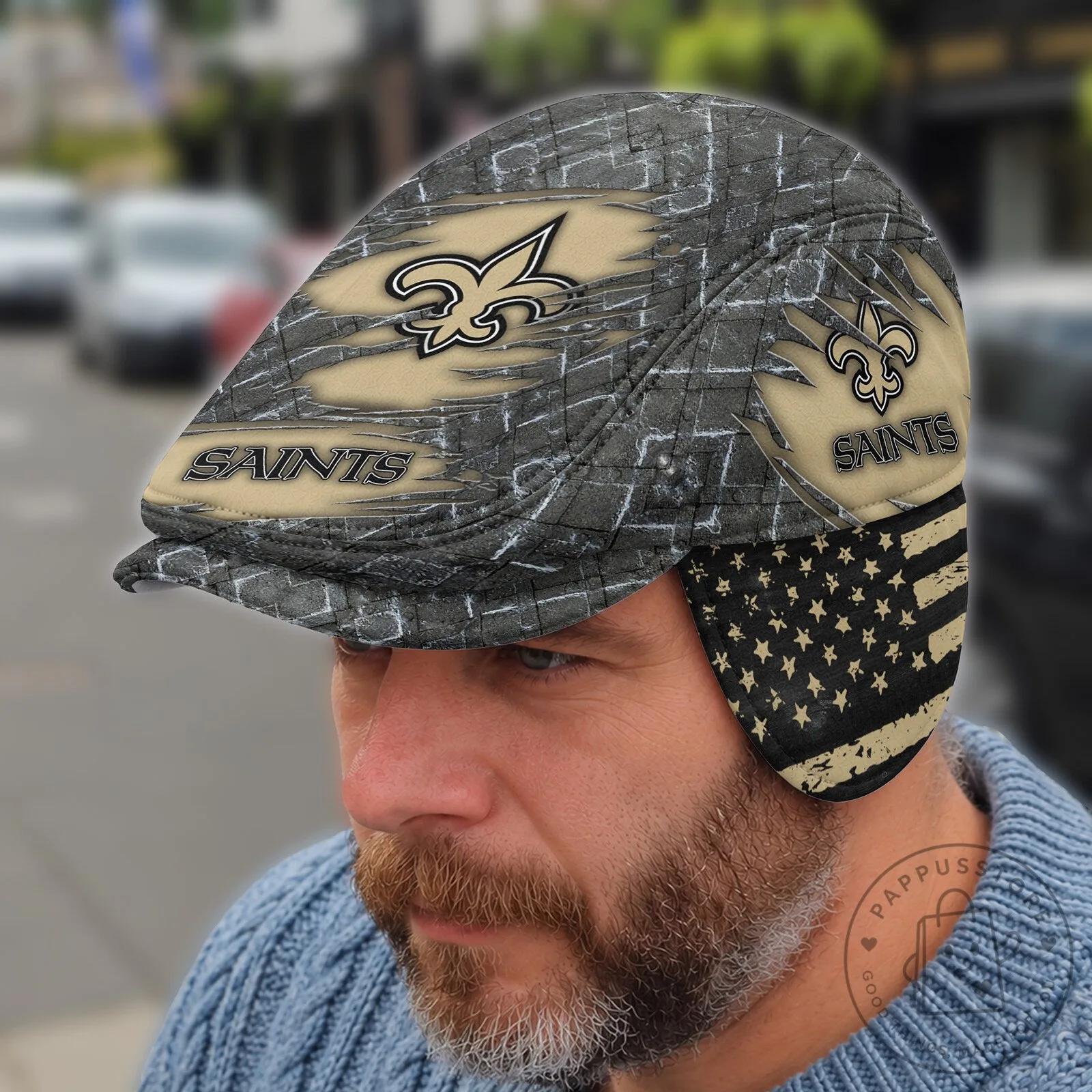 American Flag Flat Cap with Foldable Ear Flaps - New Orleans Saints Edition 1 American Flag Flat Cap with Foldable Ear Flaps - New Orleans Saints Edition