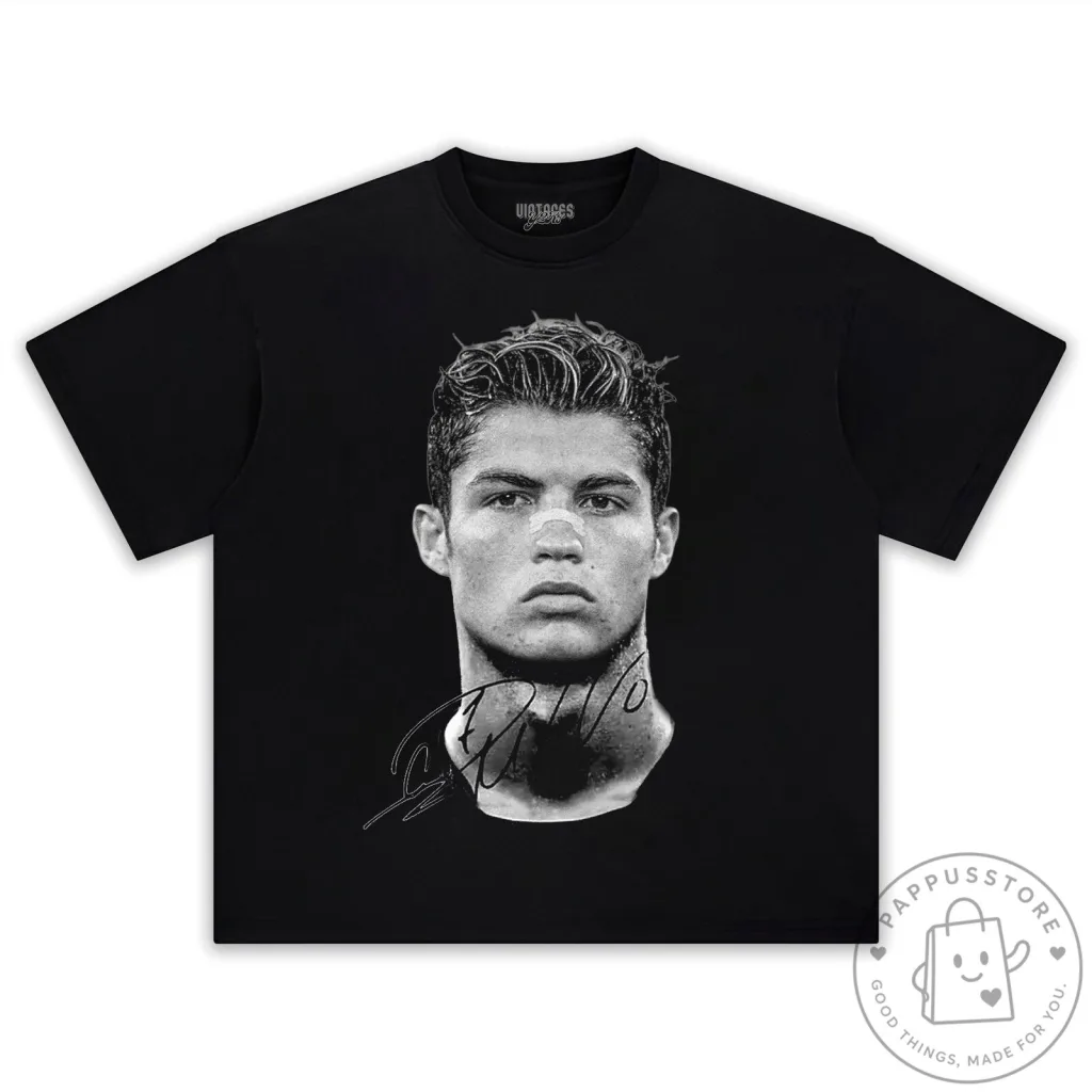 Cristiano Ronaldo Black and White Portrait Signature Graphic T-Shirt