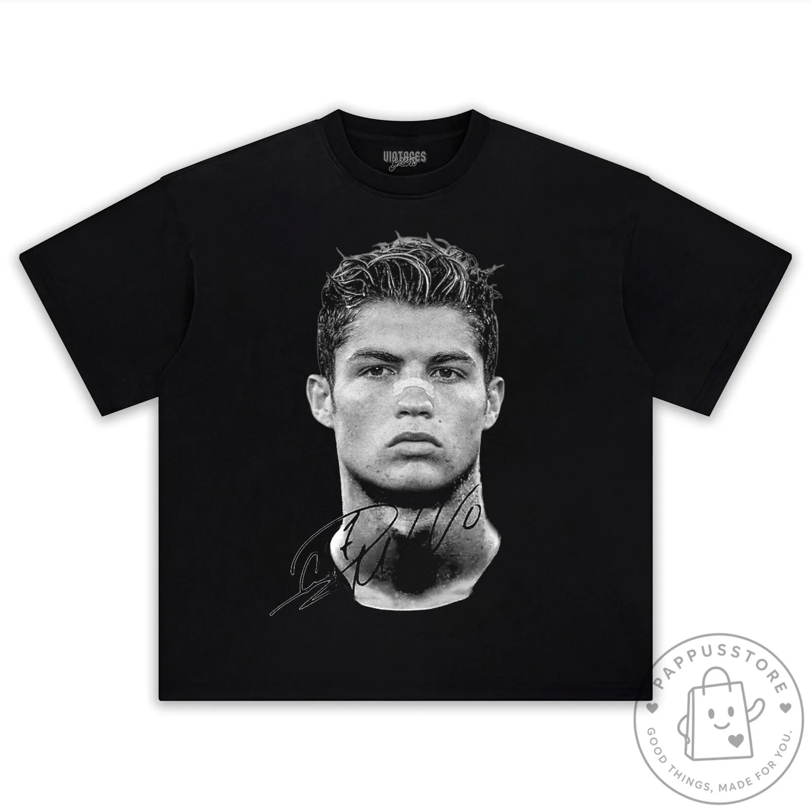 Cristiano Ronaldo Black and White Portrait Signature Graphic T-Shirt