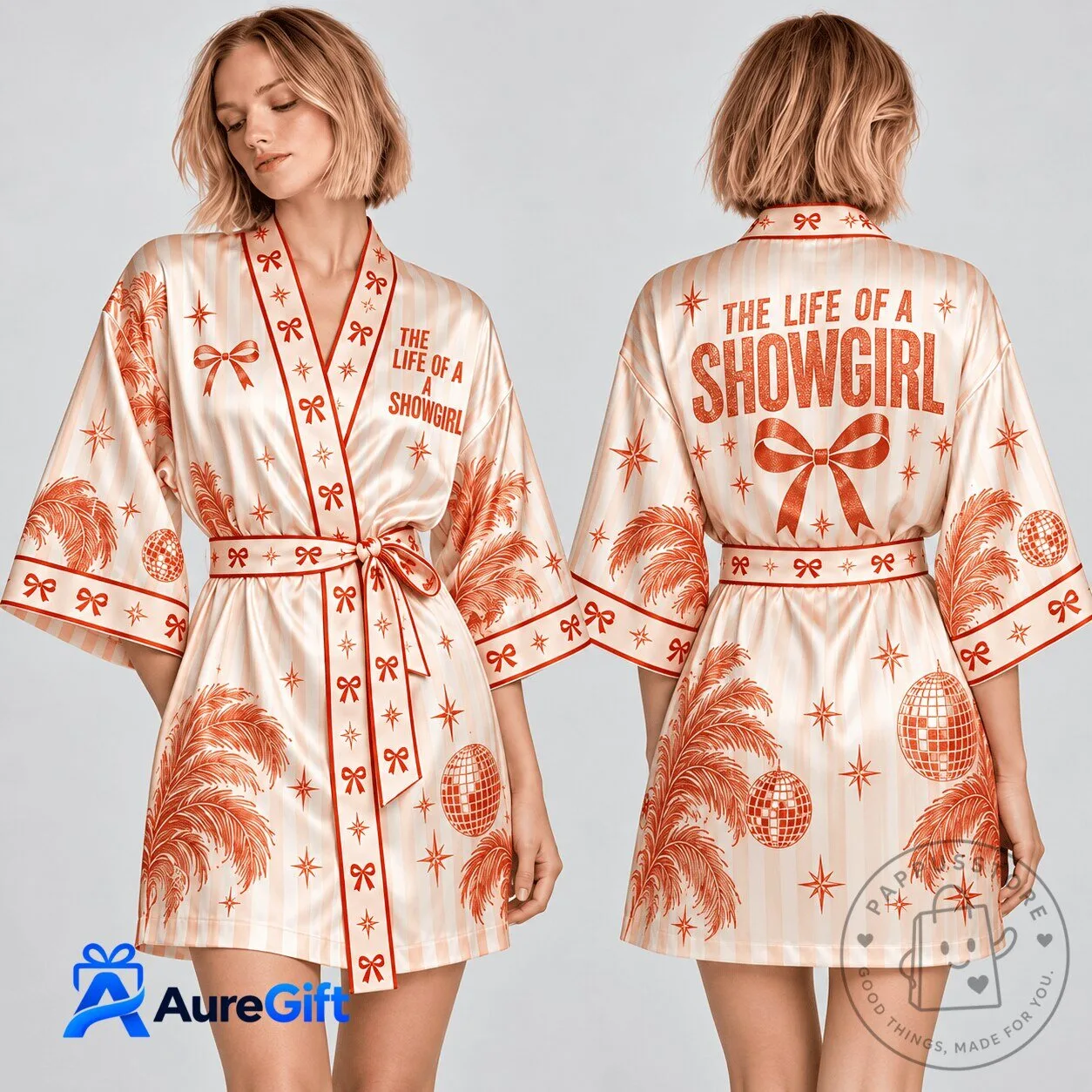 Showgirl Life Disco Ball Palm Leaves Striped Satin Robe