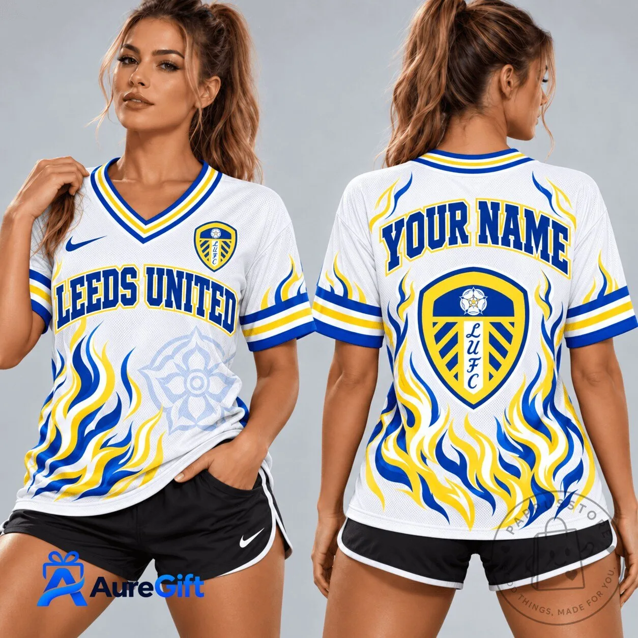 Leeds United Football Club Personalized White and Blue Flame Soccer Jersey