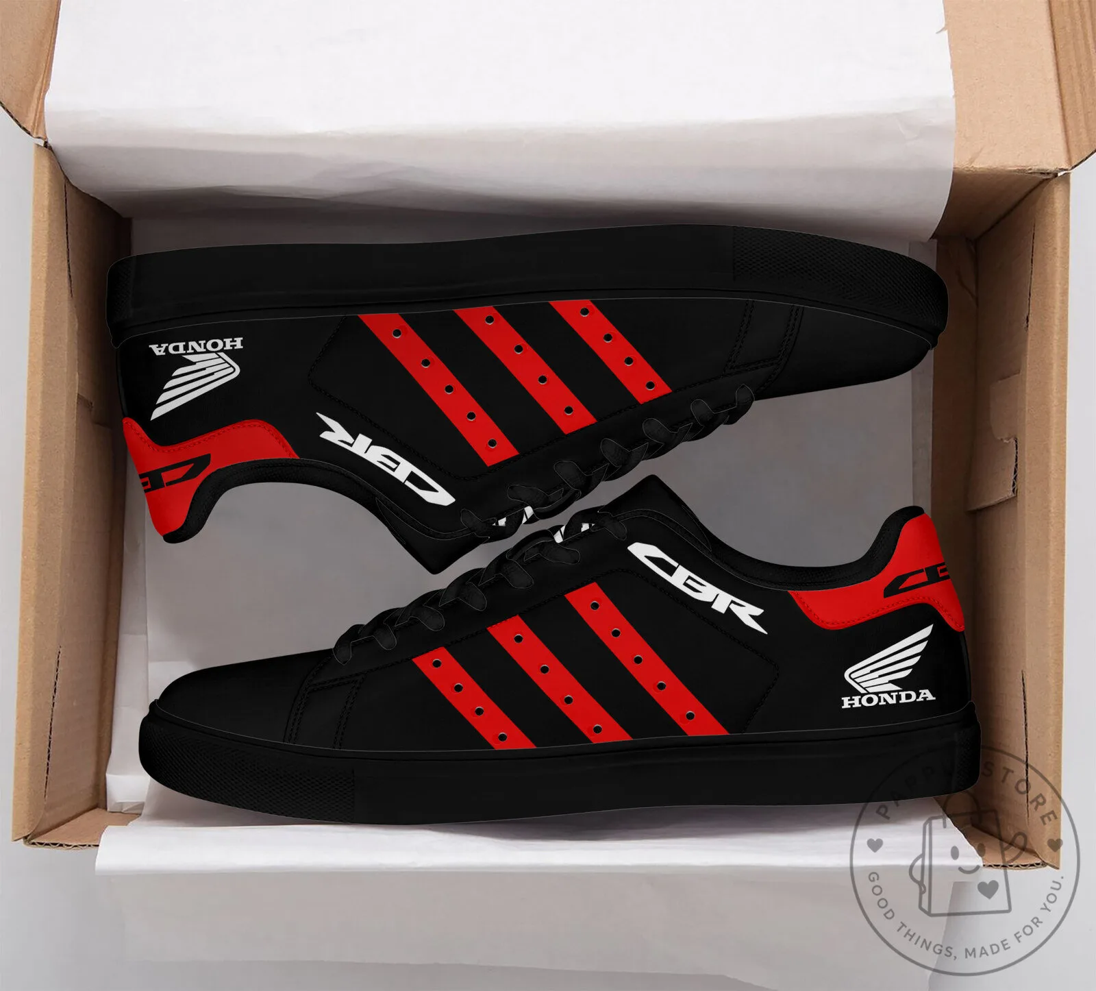 Honda CBR Motorcycle Racing Black and Red Stripe Sneakers