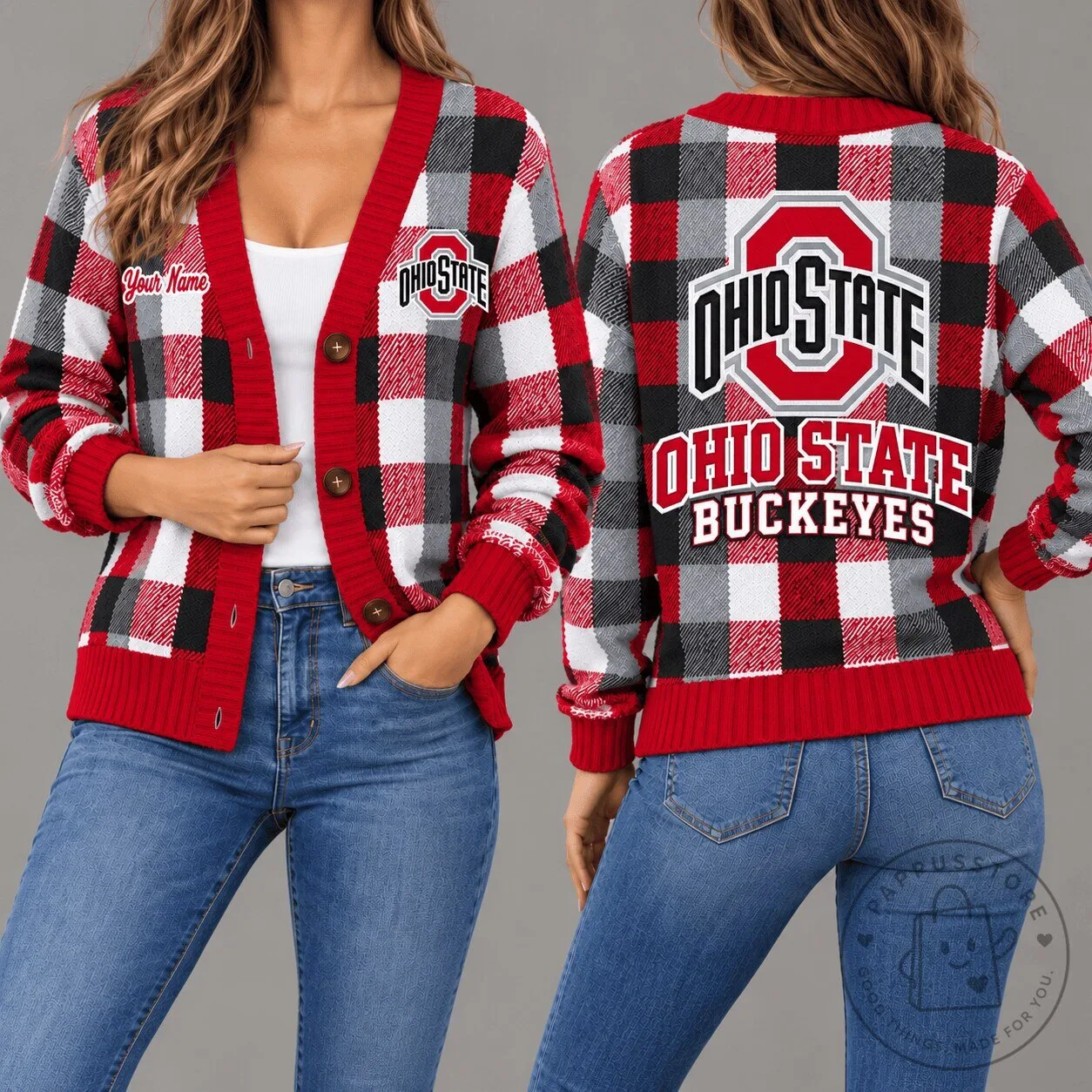 Ohio State Buckeyes Plaid Pattern Personalized Cardigan Sweater