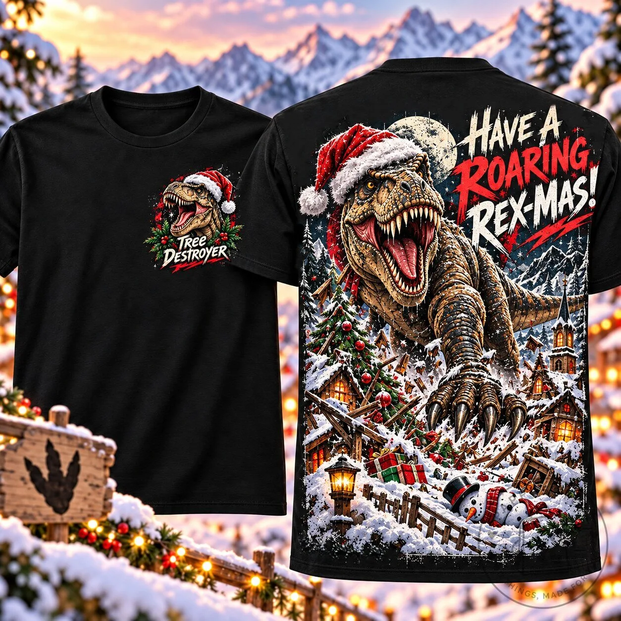 Christmas T-Rex Dinosaur Have A Roaring Rex-Mas Tree Destroyer T-Shirt