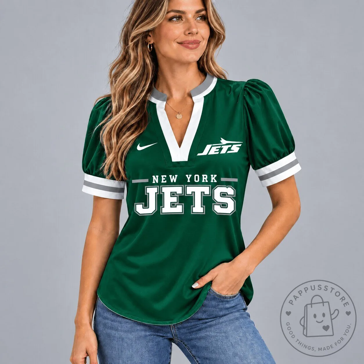 New York Jets Women's Green Puff Sleeve V-Neck Football Game Day Shirt