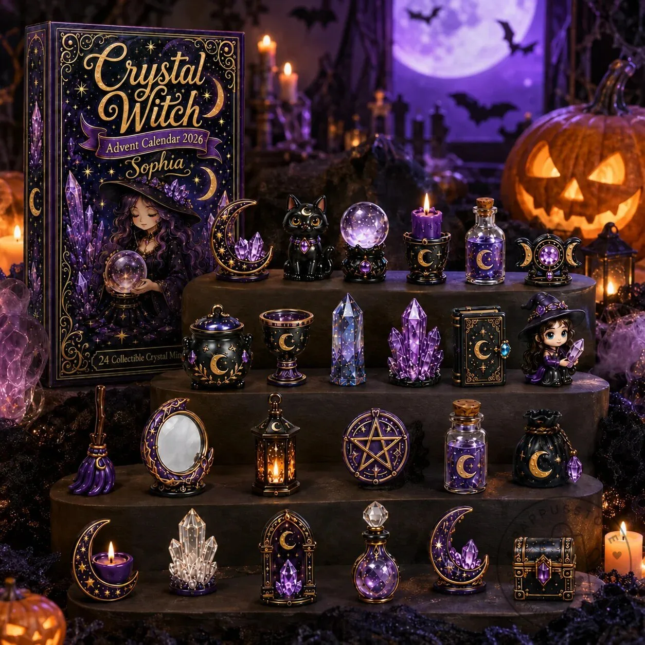 Crystal Witch Halloween Personalized Advent Calendar Box with Collectibles