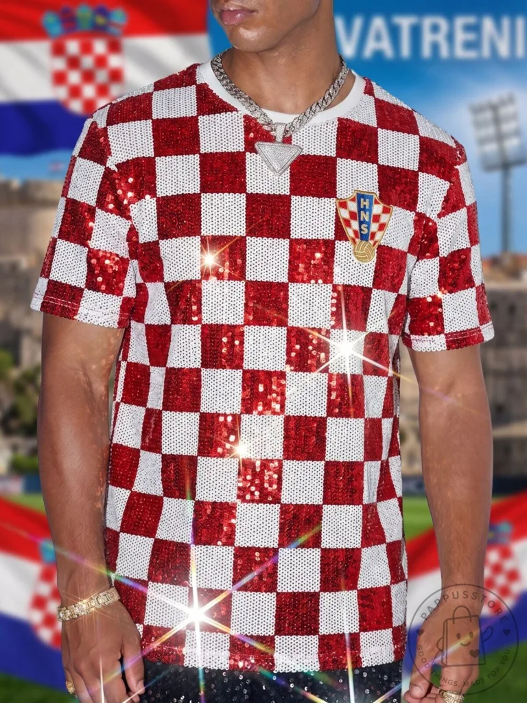 Croatia Football Sequin Checkered Pattern Fan T-Shirt