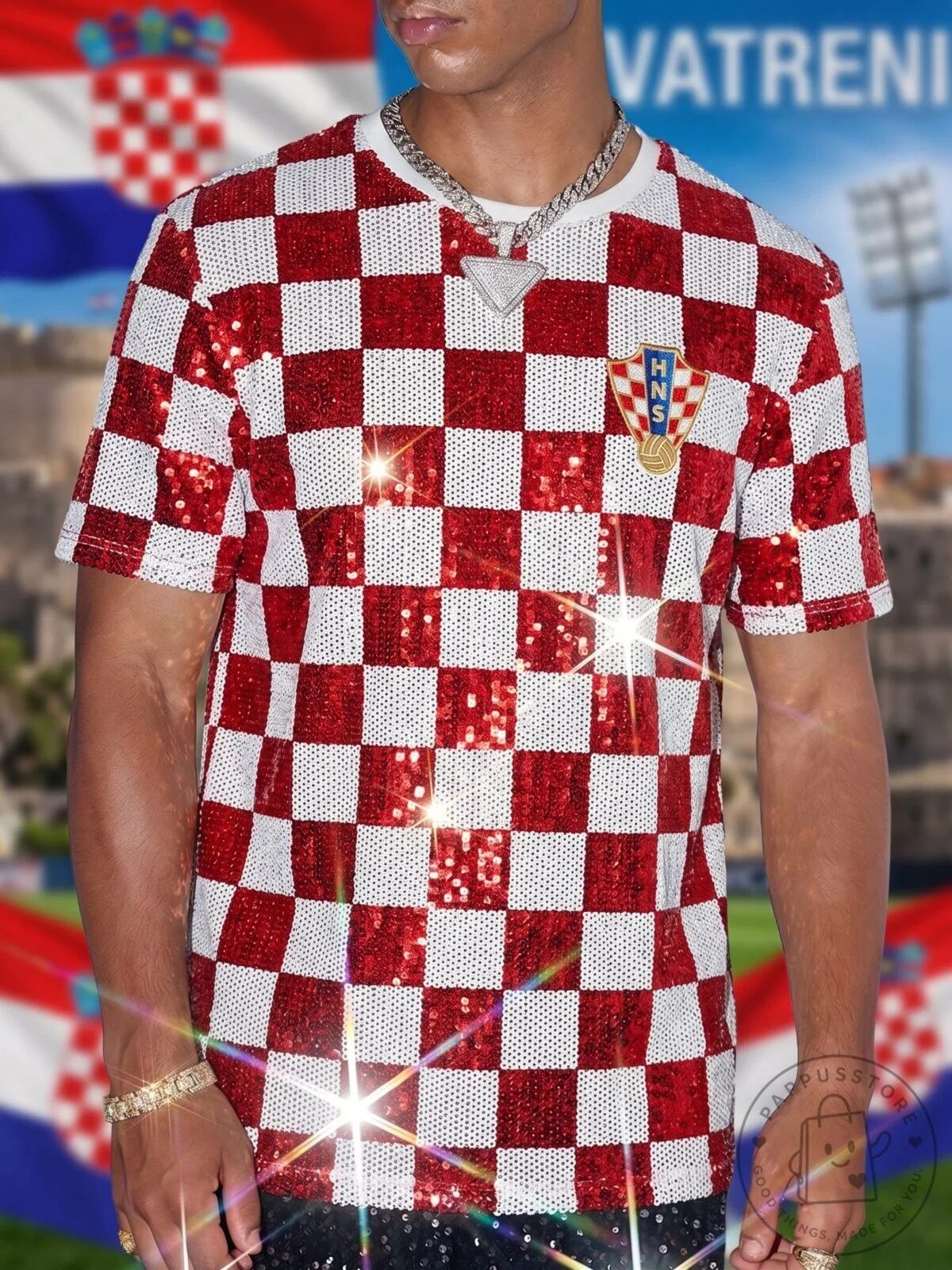 Croatia Football Sequin Checkered Pattern Fan T-Shirt