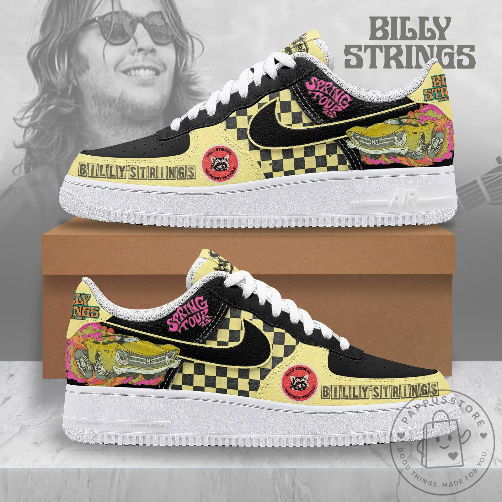 Billy Strings Spring Tour Custom Black and Yellow Checkered Sneakers