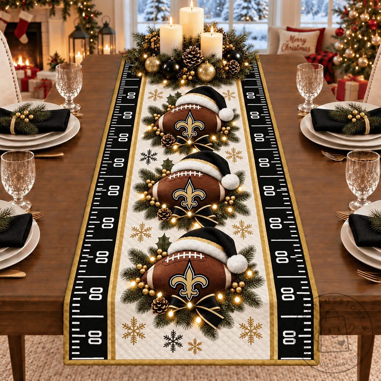 New Orleans Saints Christmas Football Field Table Runner
