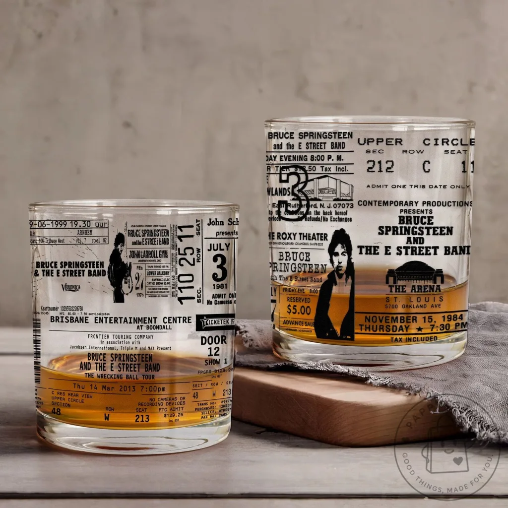 Bruce Springsteen Concert Ticket Whiskey Glass, Vintage E Street Band Collectible Drinking Glass