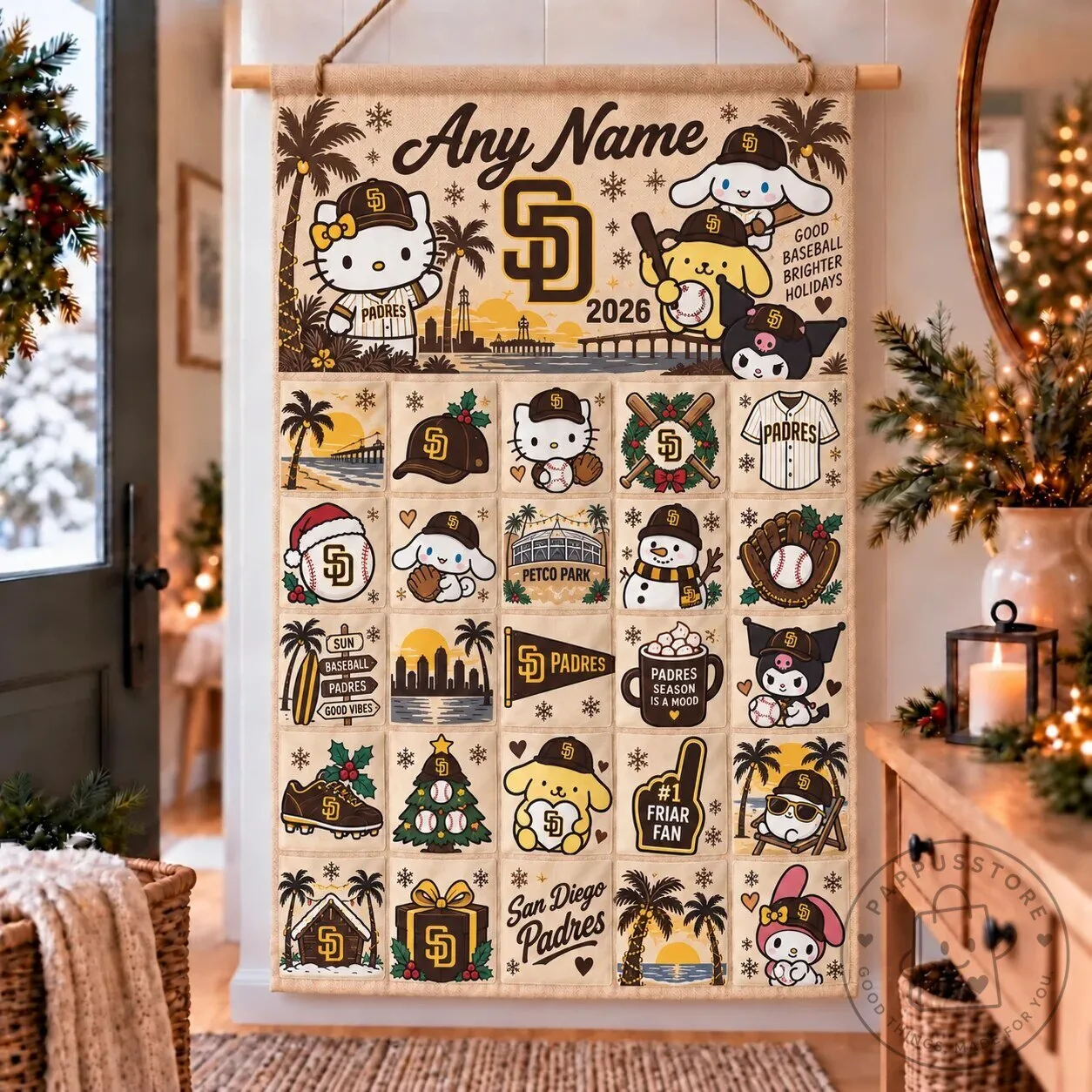 San Diego Padres Hello Kitty Baseball Christmas Advent Calendar Wall Hanging