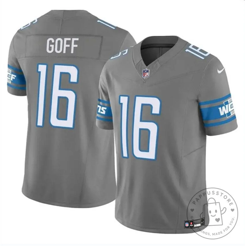 Jared Goff Detroit Lions Gray Football Jersey Number 16