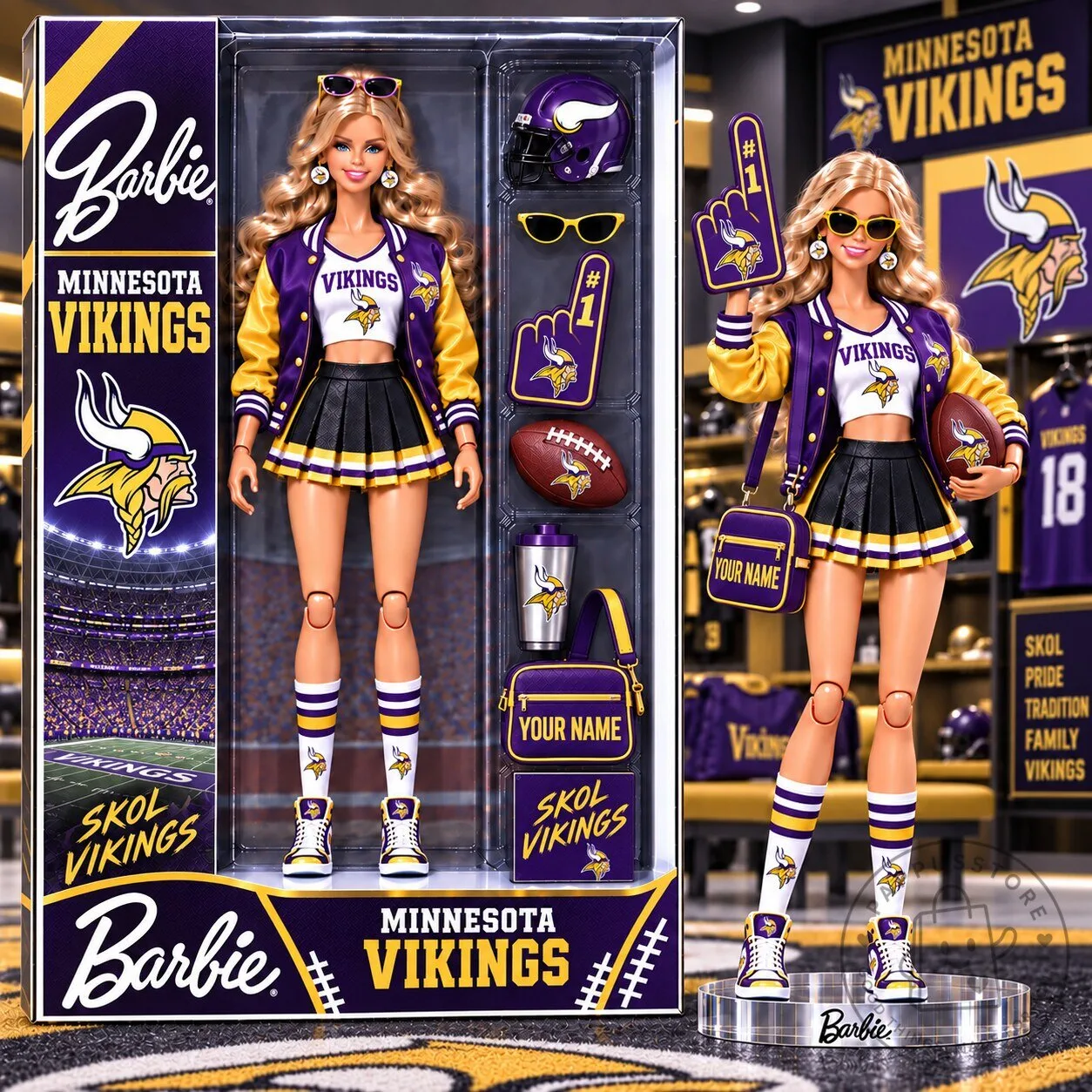 Minnesota Vikings Barbie Doll Collectible Figurine with Custom Name Display