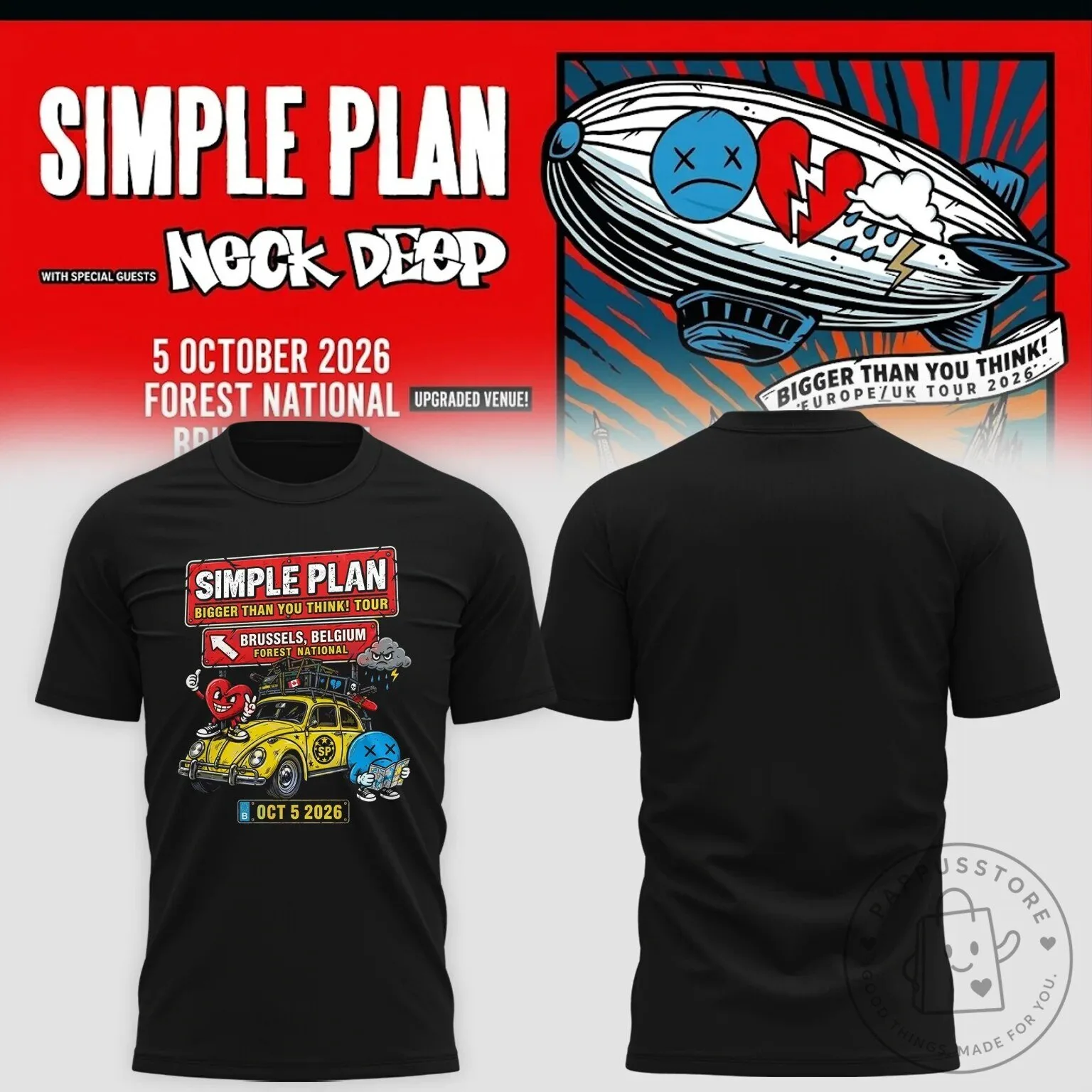 Simple Plan Brussels Belgium 2026 Bigger Than You Think Tour Concert T-Shirt