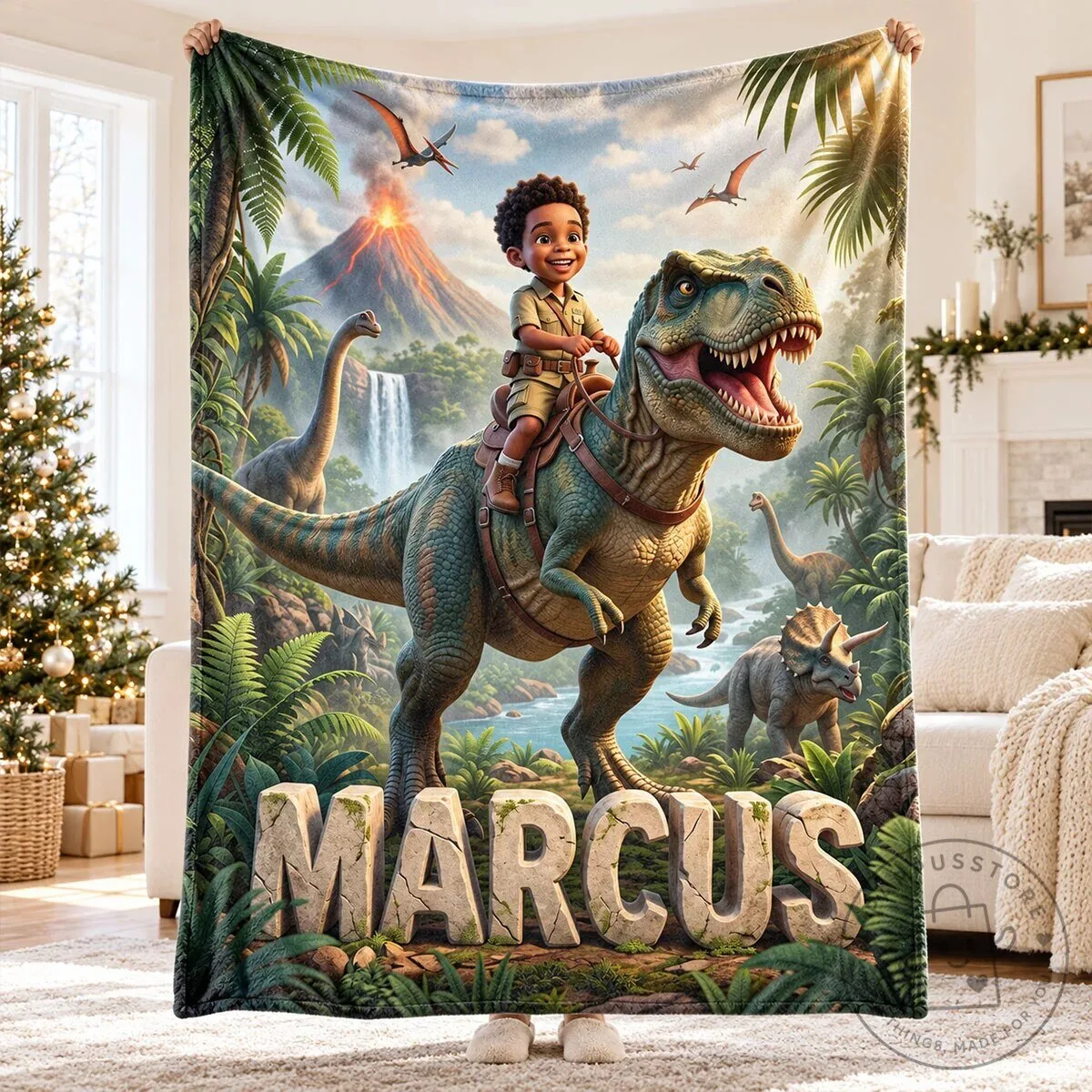 Personalized Dinosaur Adventure Fleece Blanket for Kids with Custom Name