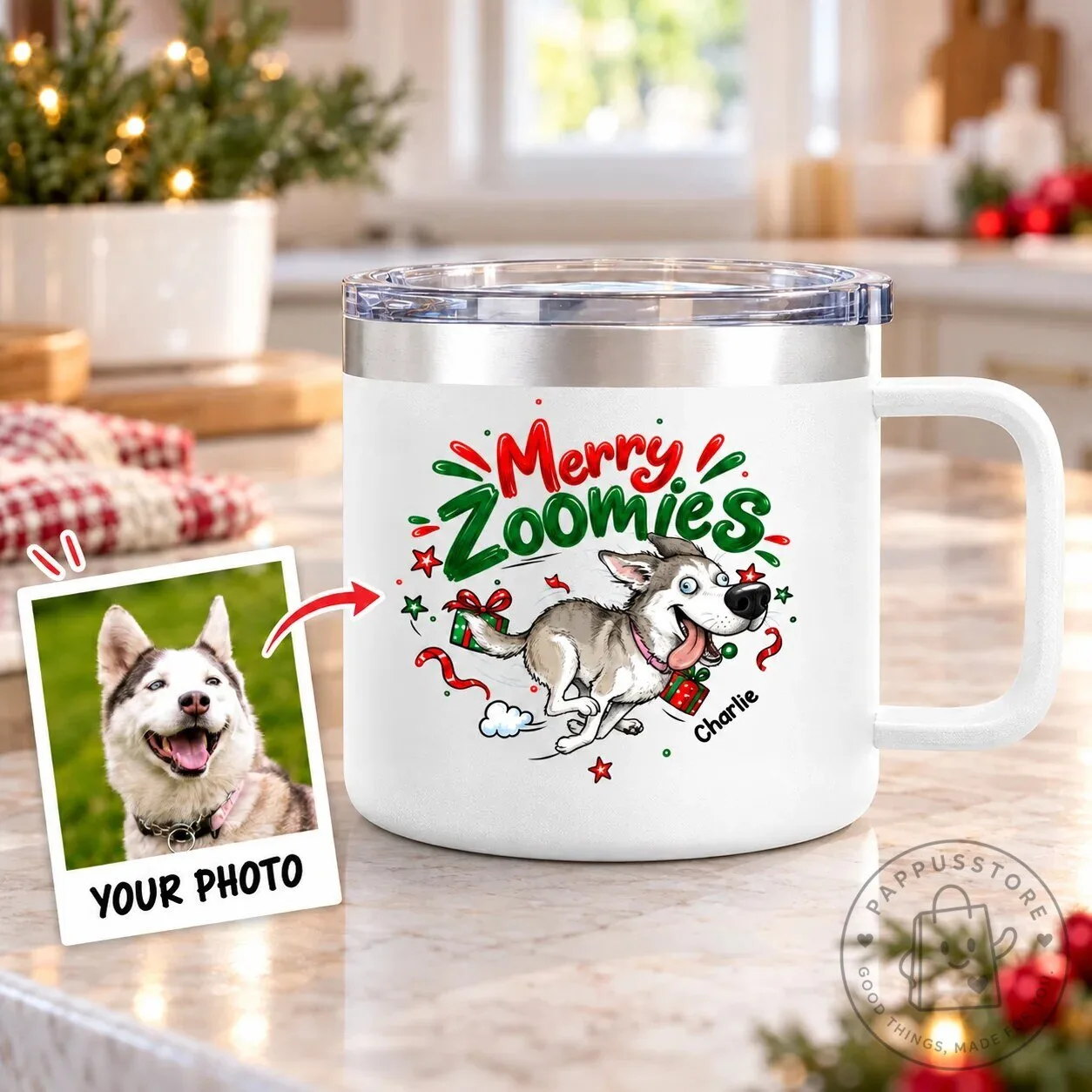 Personalized Merry Zoomies Dog Portrait Stainless Steel Tumbler for Christmas