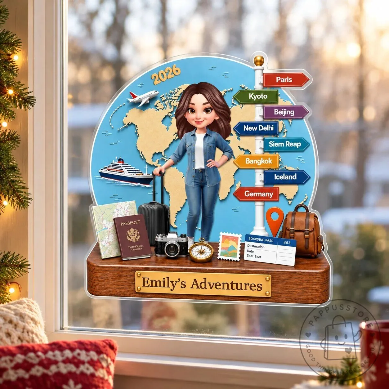 Personalized Travel Adventure World Map Window Decal with Custom Name