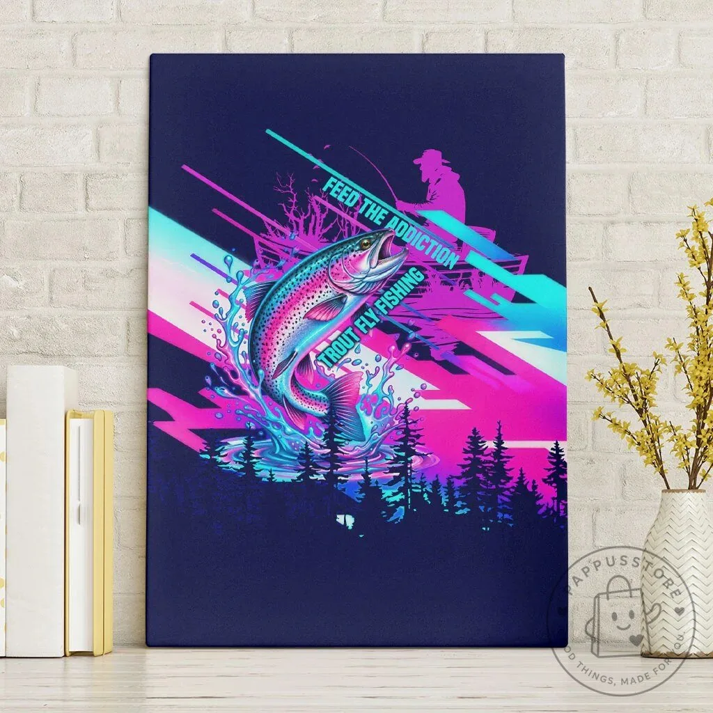 Trout Fly Fishing Born To Cast Vibrant Neon Cyberpunk Abstract Rainbow Trout Canvas