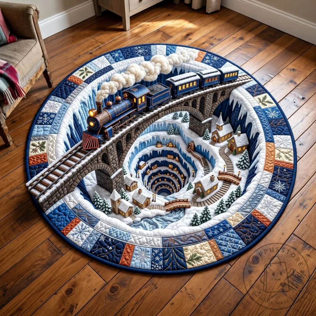 Christmas Express Train Winter Village Round Quilted Floor Mat Christmas Express Train Winter Village Round Quilted Floor Mat