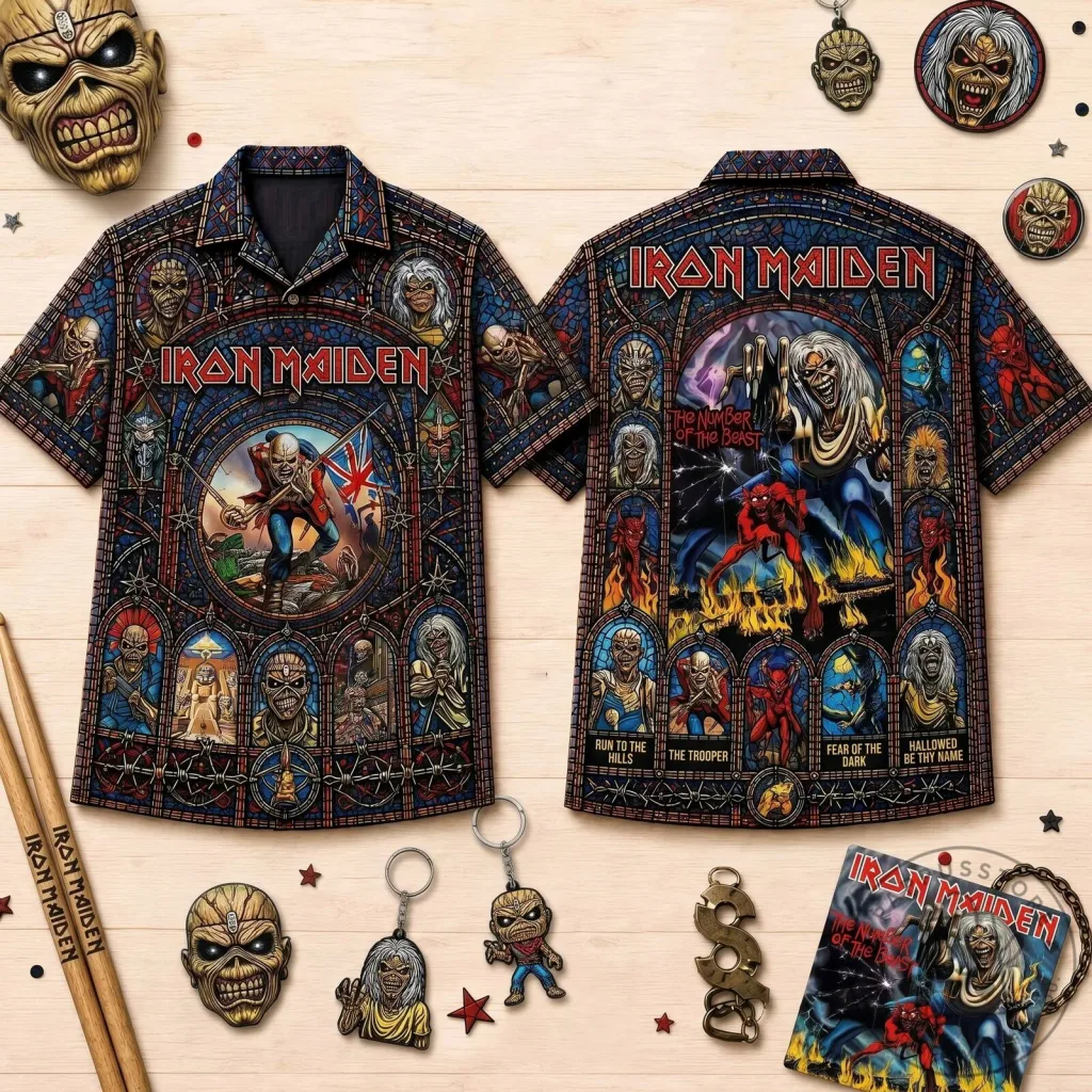 Hawaiian Shirt with Iron Maiden's The Number Of The Beast Album Cover Design