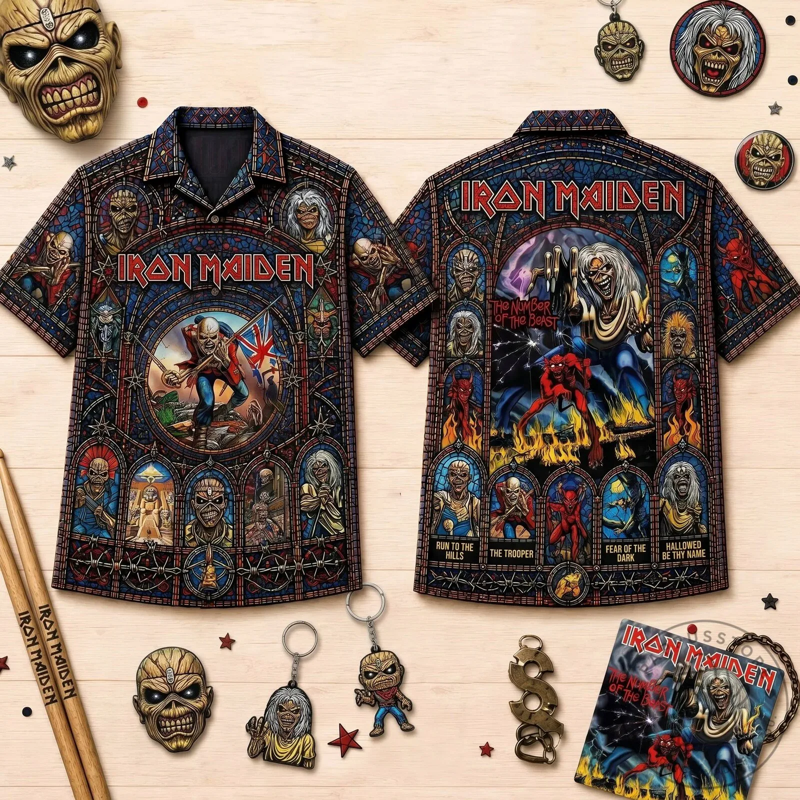 Hawaiian Shirt with Iron Maiden's The Number Of The Beast Album Cover Design