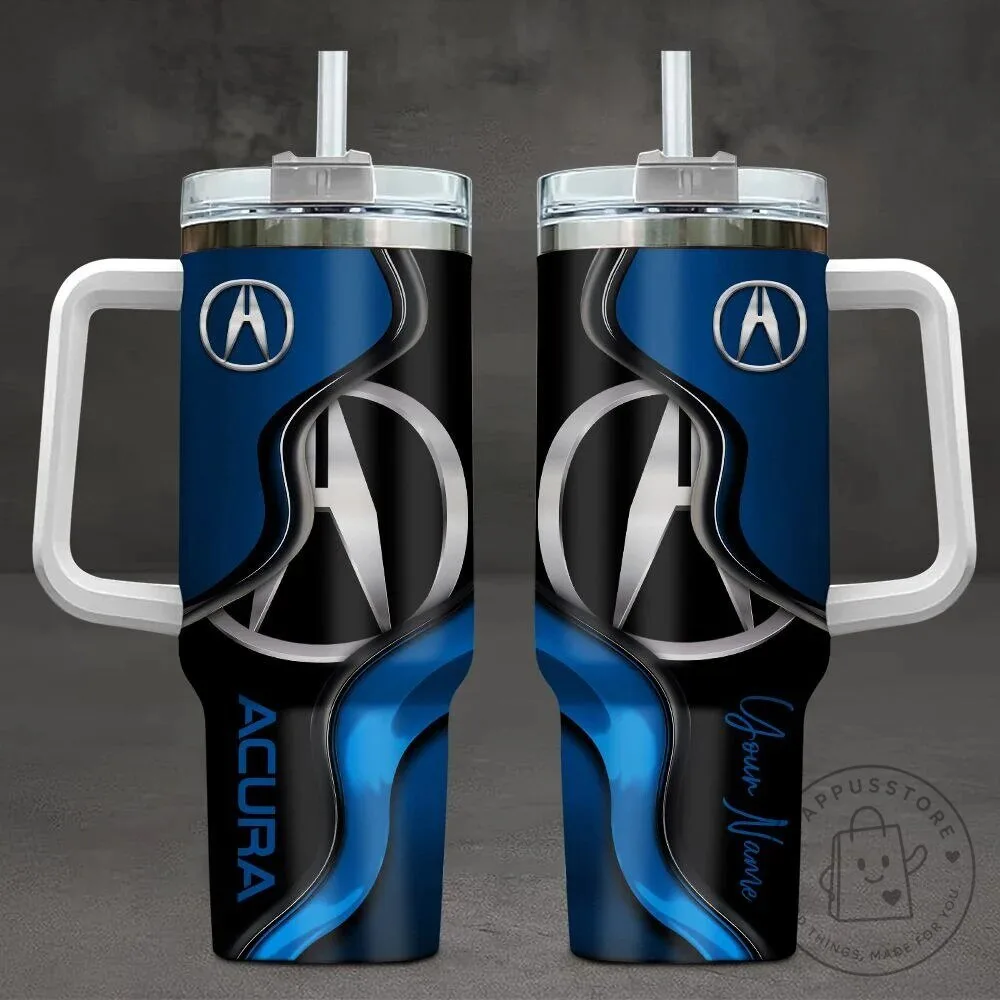Acura Blue and Black Custom Name Stainless Steel Insulated Tumbler with Handle