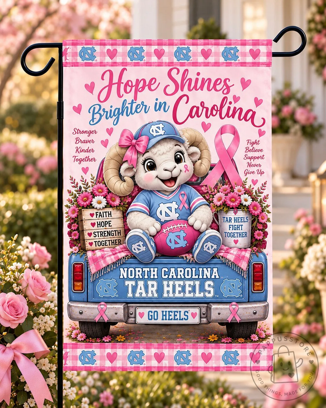 North Carolina Tar Heels Breast Cancer Awareness Hope Shines Brighter Garden Flag