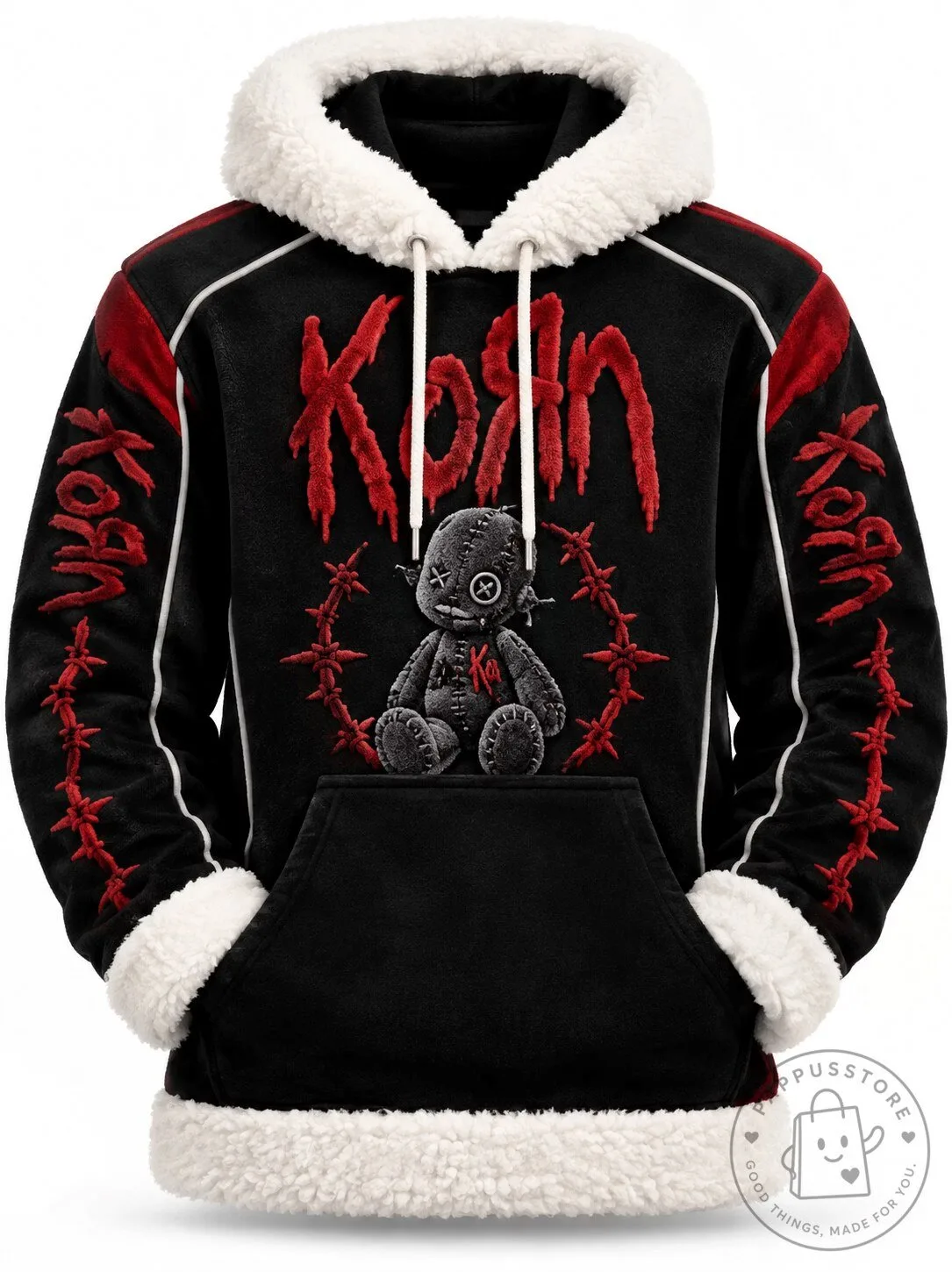 Korn Band Logo Black Fleece-Trimmed Pullover Hoodie With Doll Graphic