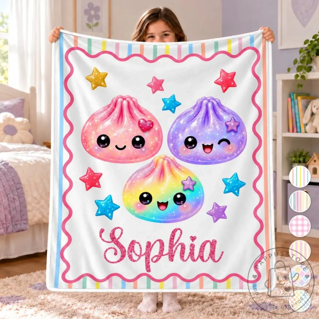 Personalized Kawaii Dumpling Squishy Character Rainbow Kids Blanket Personalized Kawaii Dumpling Squishy Character Rainbow Kids Blanket