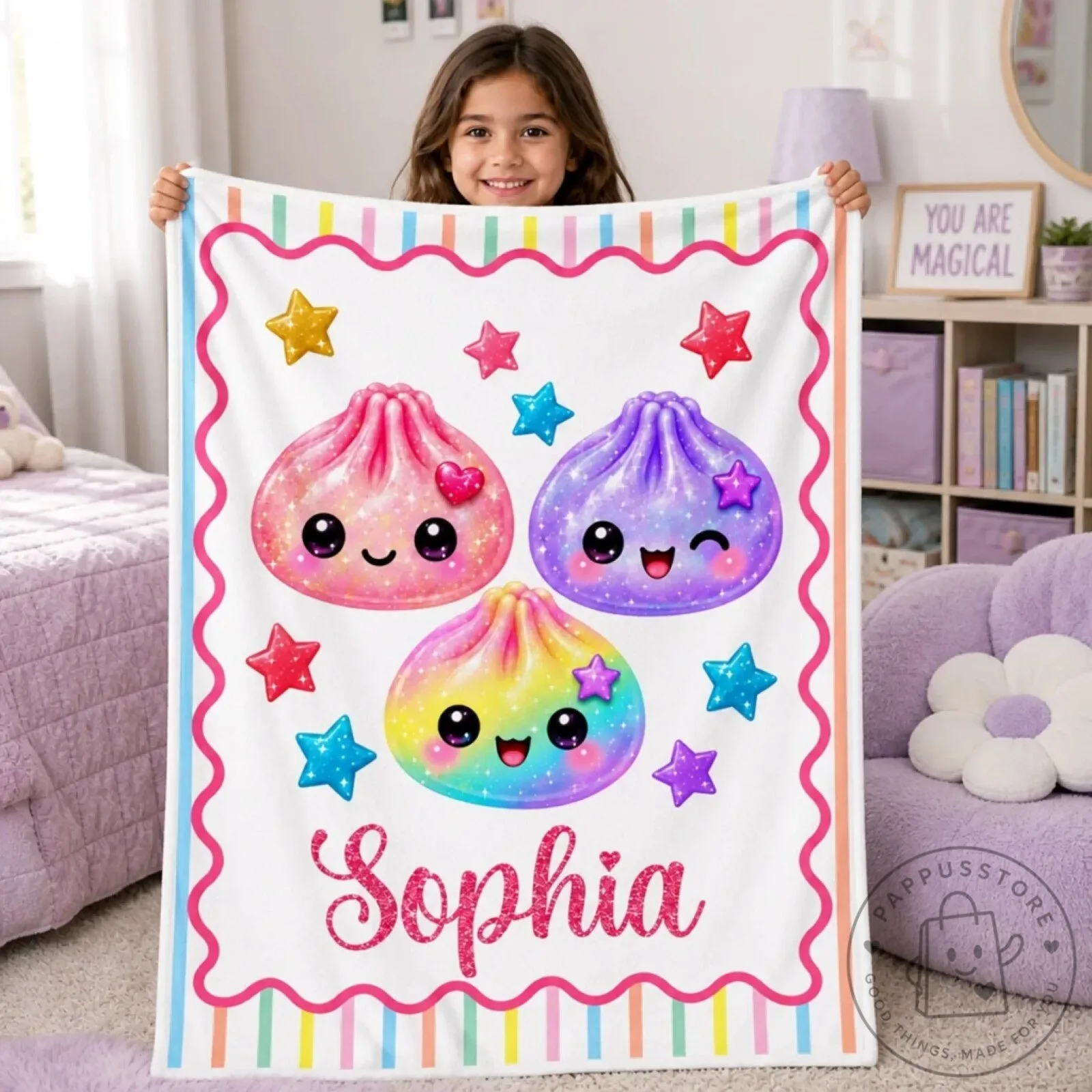 Personalized Kawaii Dumpling Squishy Character Rainbow Kids Blanket 16 Personalized Kawaii Dumpling Squishy Character Rainbow Kids Blanket