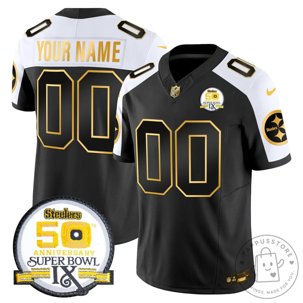 Pittsburgh Steelers Super Bowl IX 50th Anniversary Black Gold Football Jersey